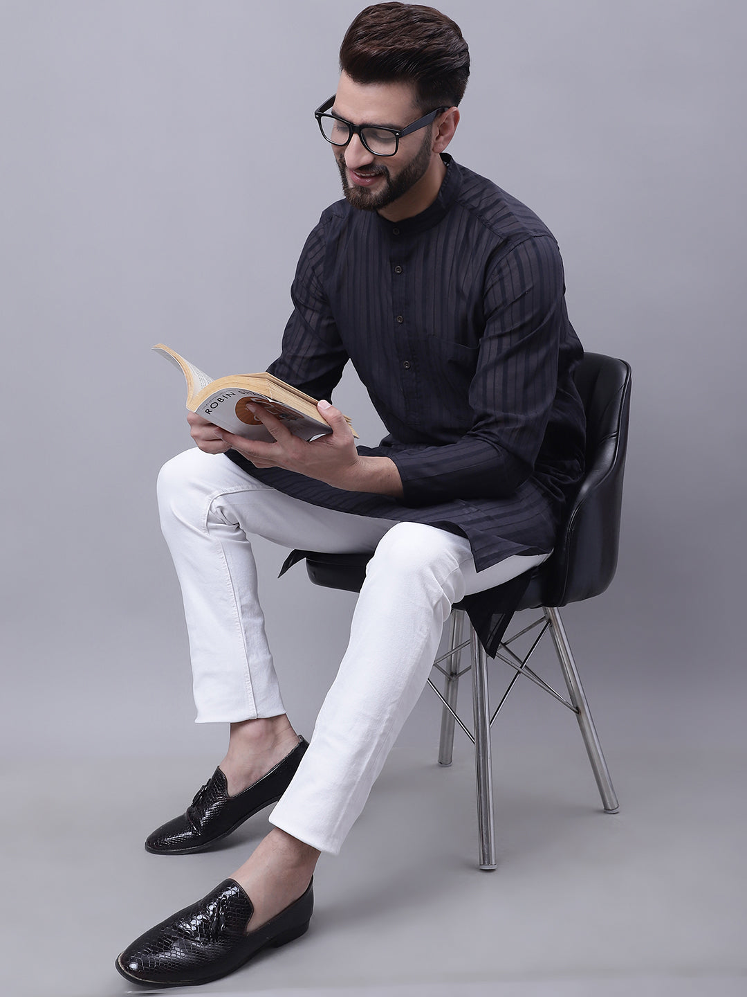 Even Apparels Black Pure Cotton Kurta With Band Collar 