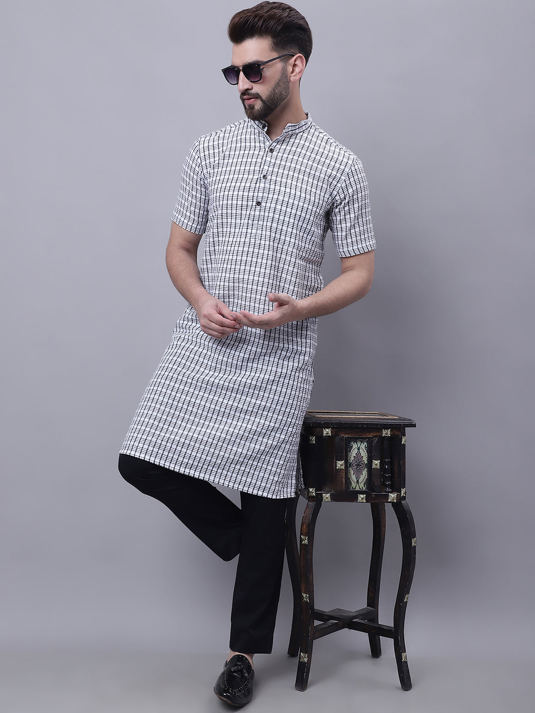 Even Apparels Multi Pure Cotton Short Sleeves Kurta With Band Collar 