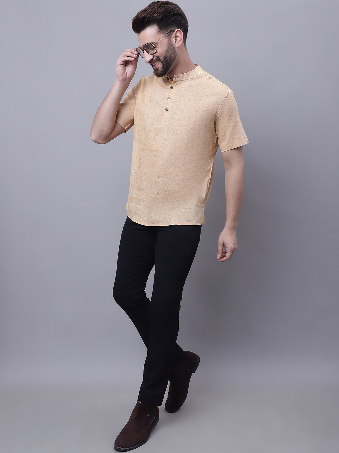 Even Apparels Beige Pure Cotton Short Kurta With Band Collar 