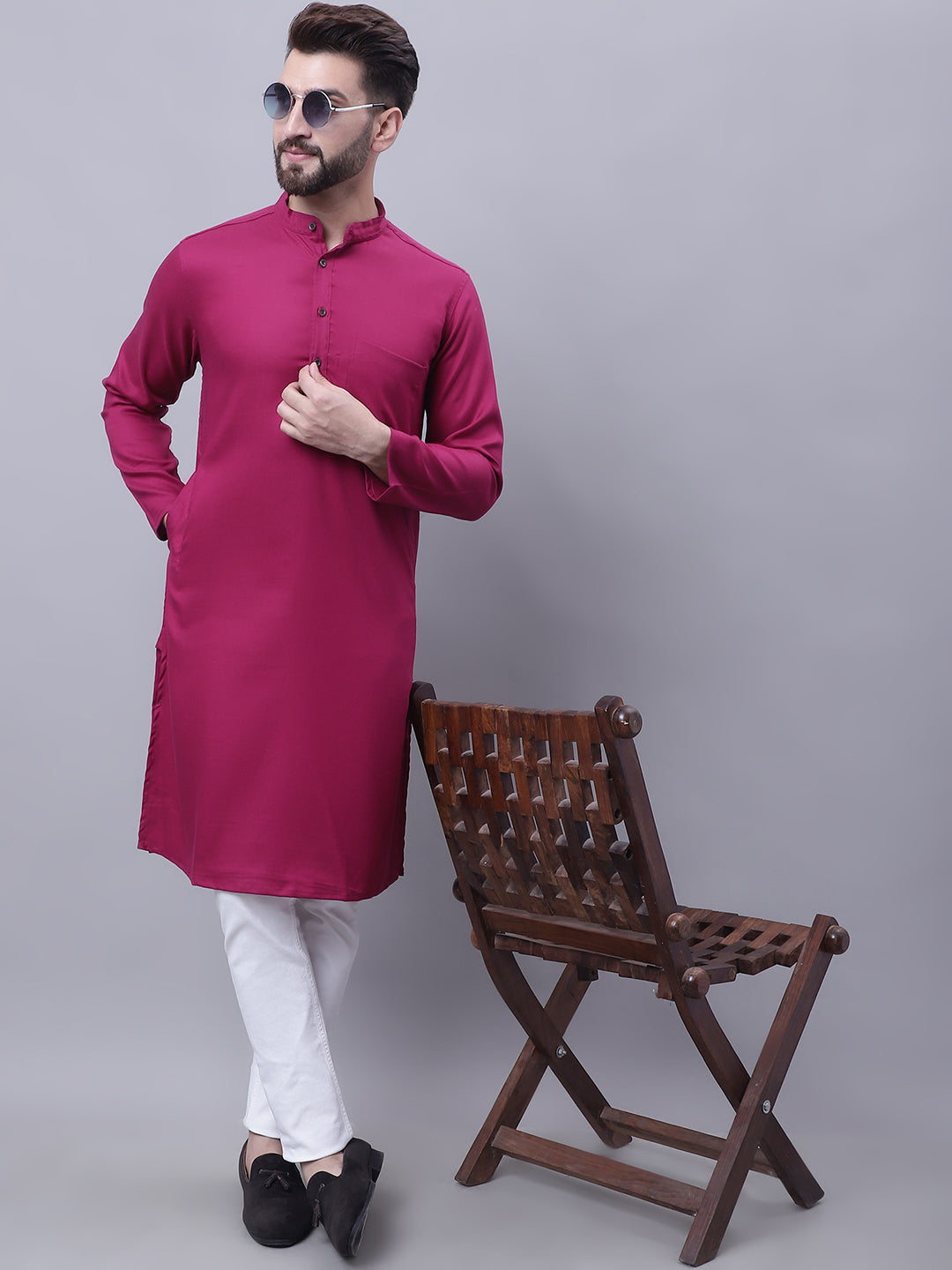 Even Apparels Wine Pure Cotton Kurta With Band Collar 