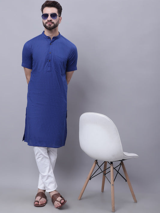 Even Apparels Blue Pure Cotton Short Sleeves Kurta With Band Collar 
