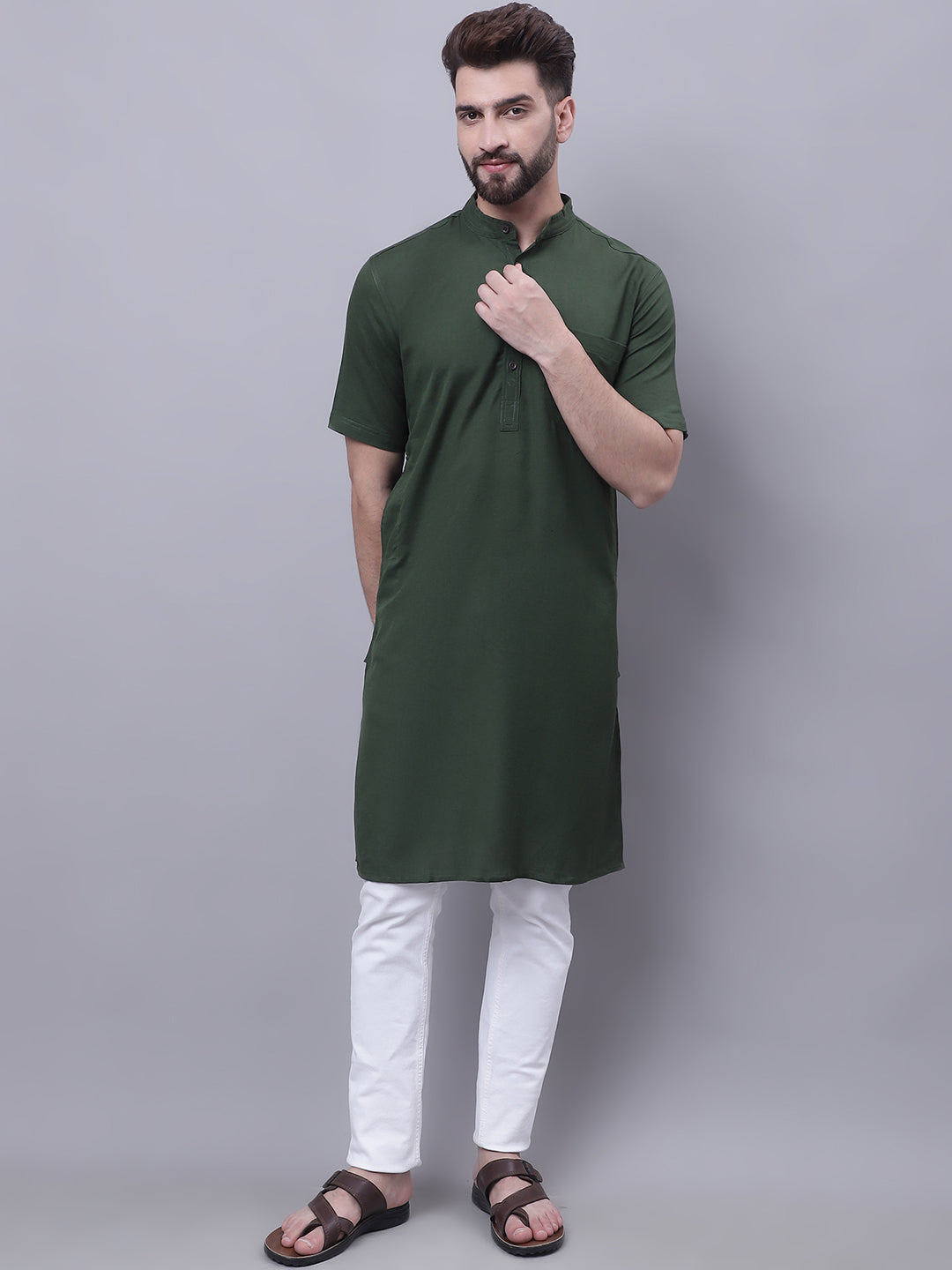 Even Apparels Green Pure Cotton Short Sleeves Kurta With Band Collar 