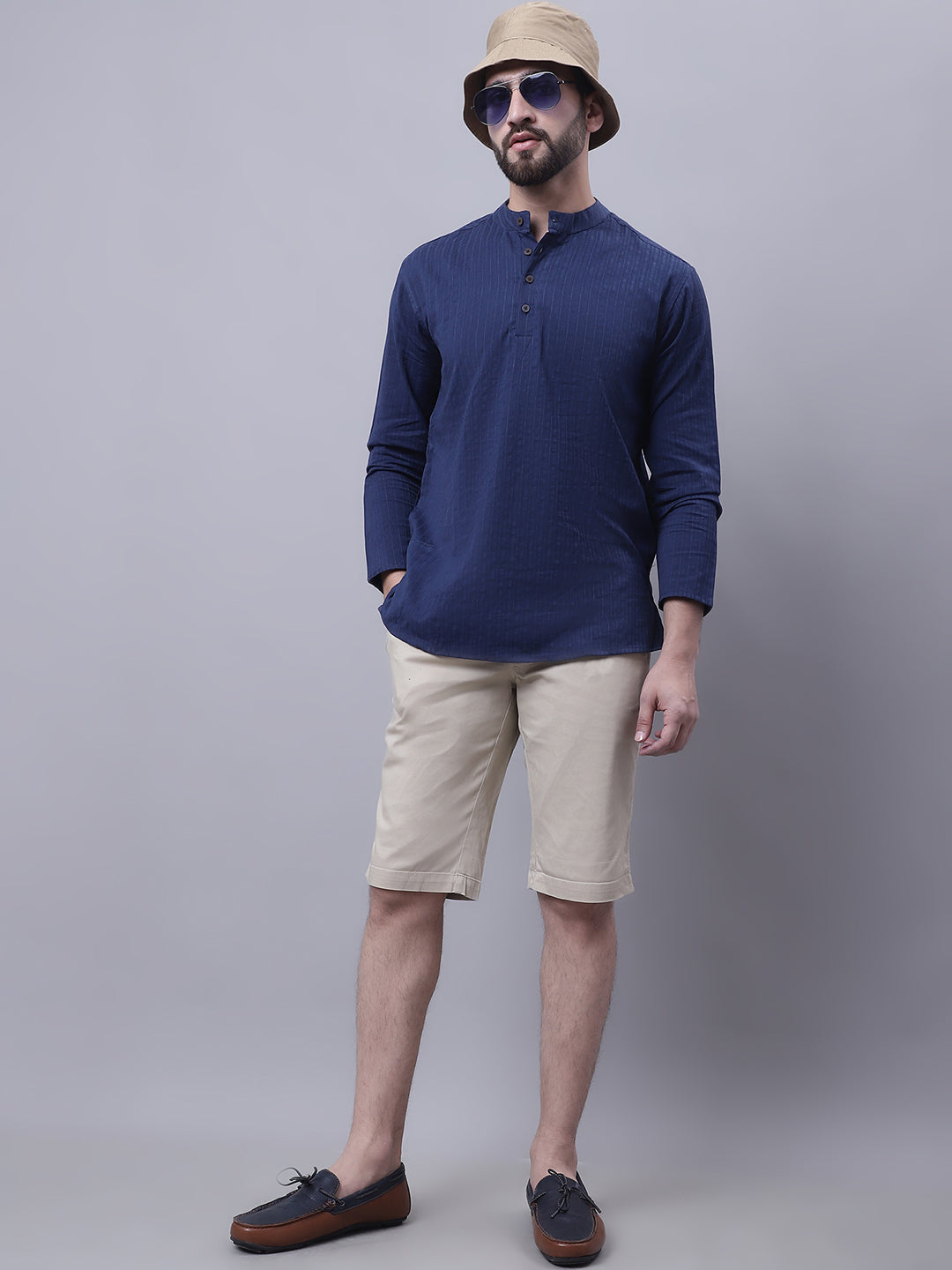 Even Apparels Blue Pure Cotton Short Kurta With Band Collar 