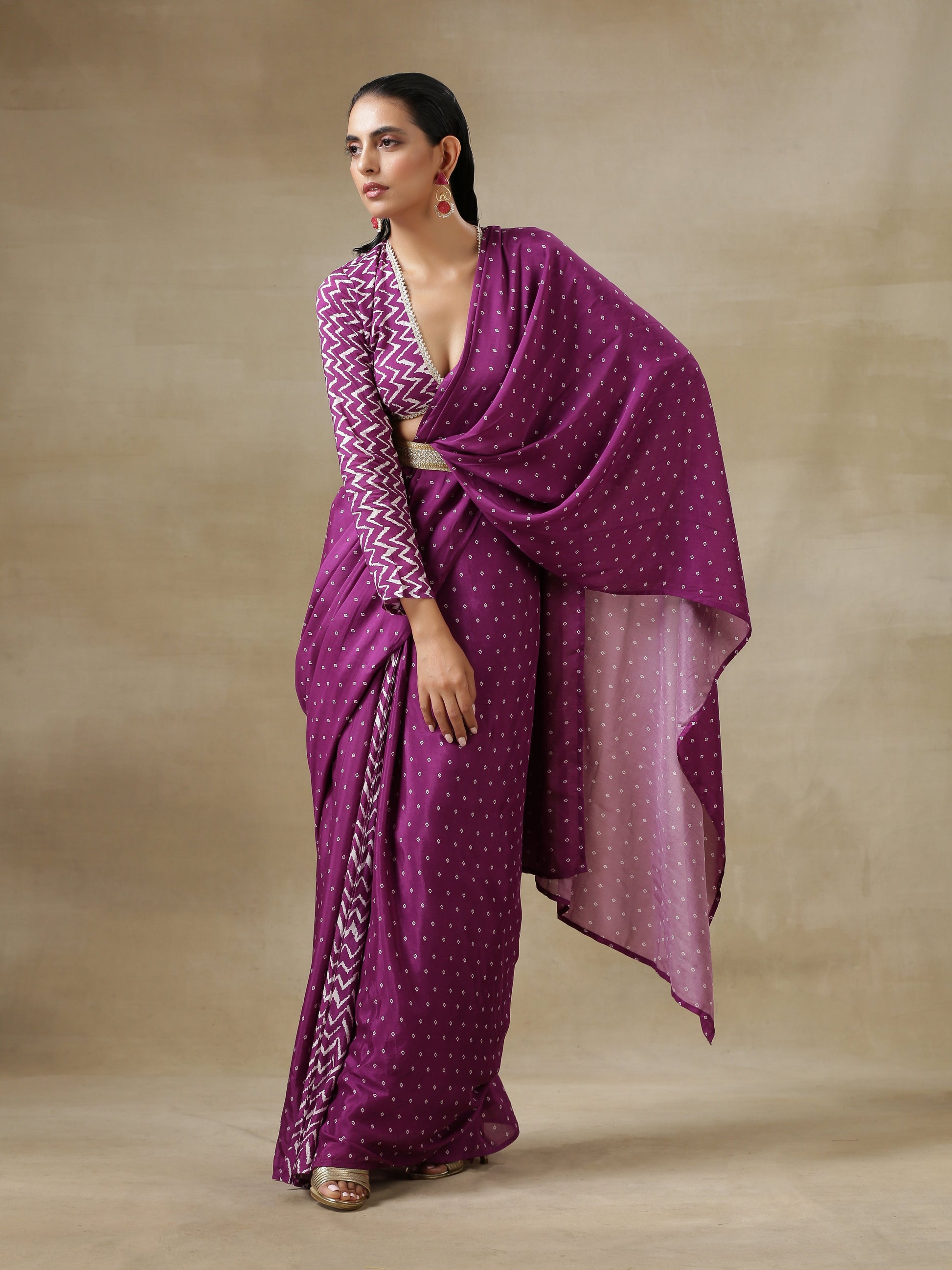 trueBrowns Purple Bandhani Printed Silk Full Sleeve Blouse | Swadesiicart