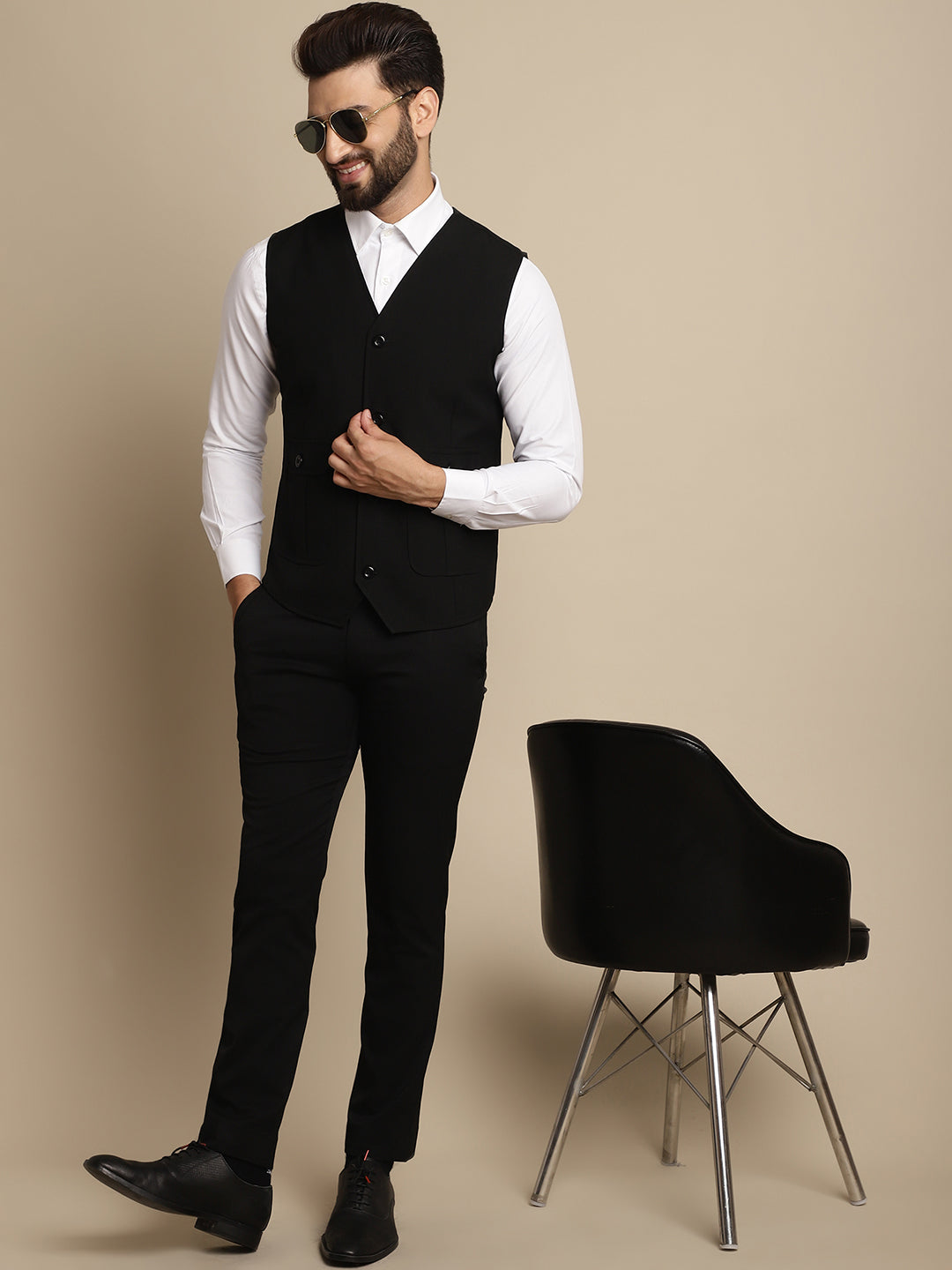 Even Apparels Men's Black Waistcoat With Patch Pocket 