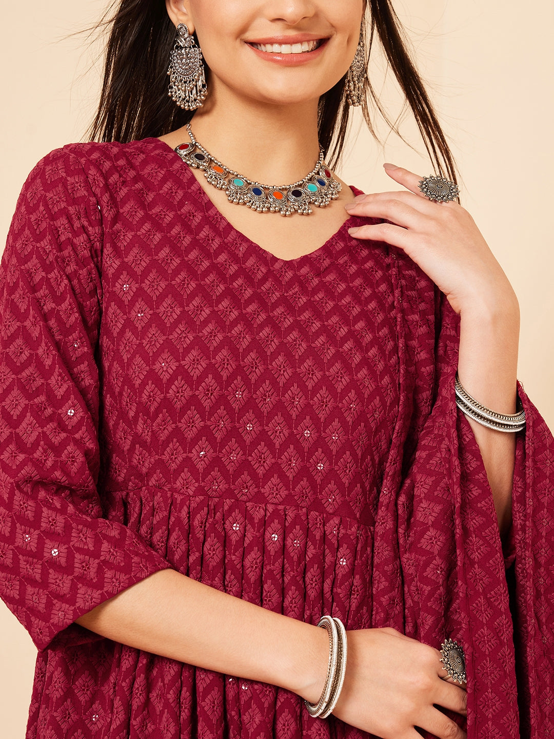 InWeave Women's Maroon Chikankari Long Anarkali Kurta Palazzo Set W Dupatta 