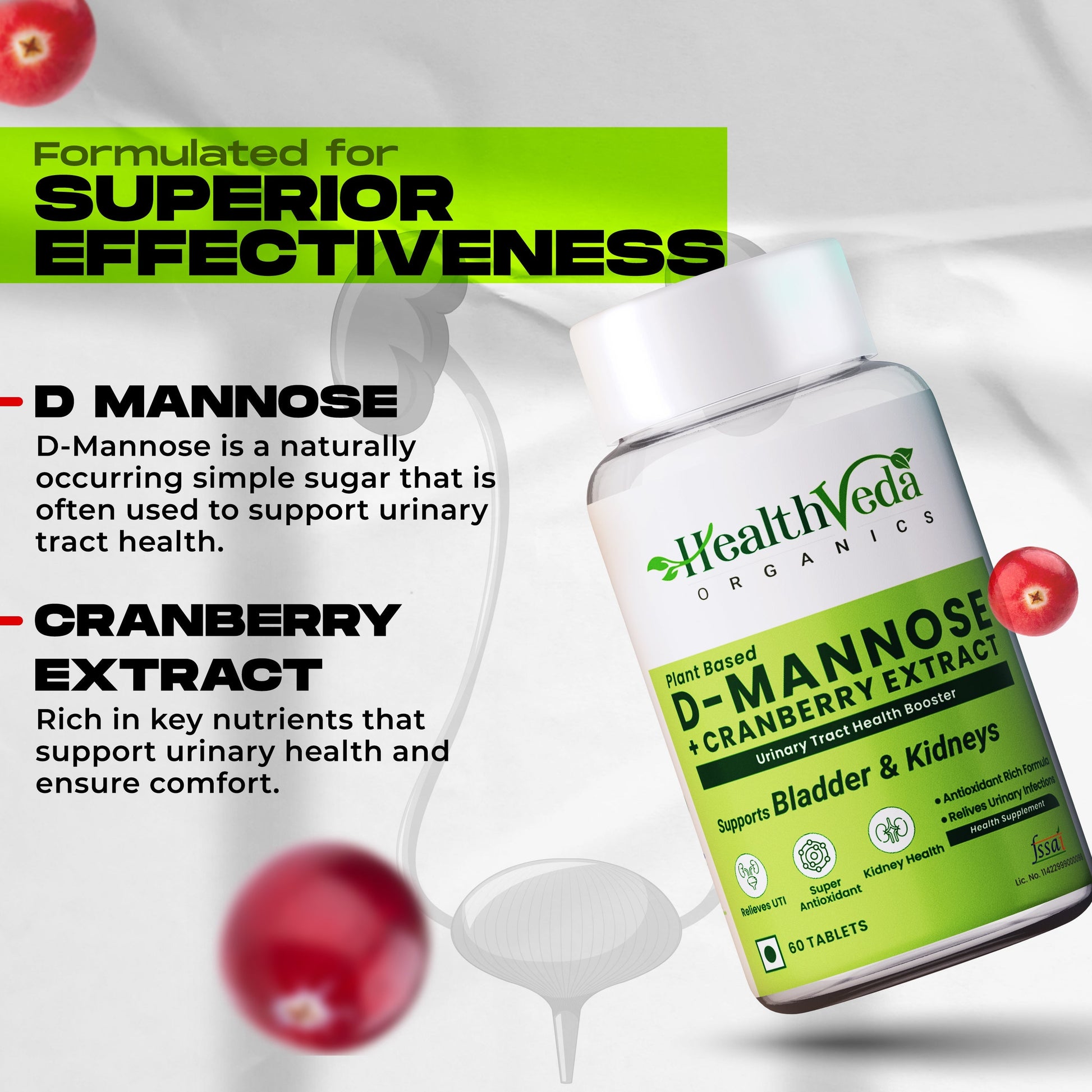 Health Veda Organics D-Mannose + Cranberry Extract Tablets 