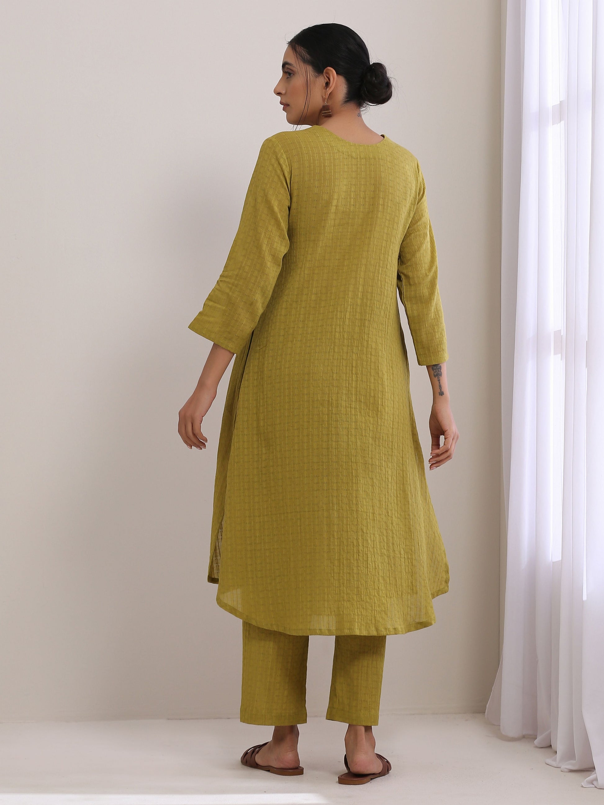 trueBrowns Avacado Green Dobby Flared Slit Kurta Pant Set 