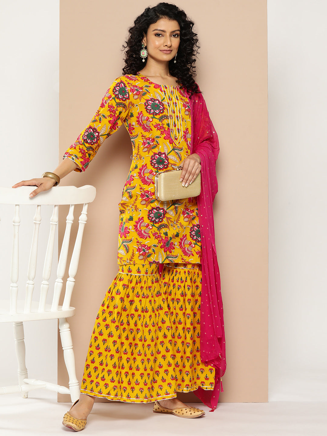 KSUT (House of Varanga) Yellow & Pink Floral Printed Kurta with Gota Work With Sharara & Dupatta