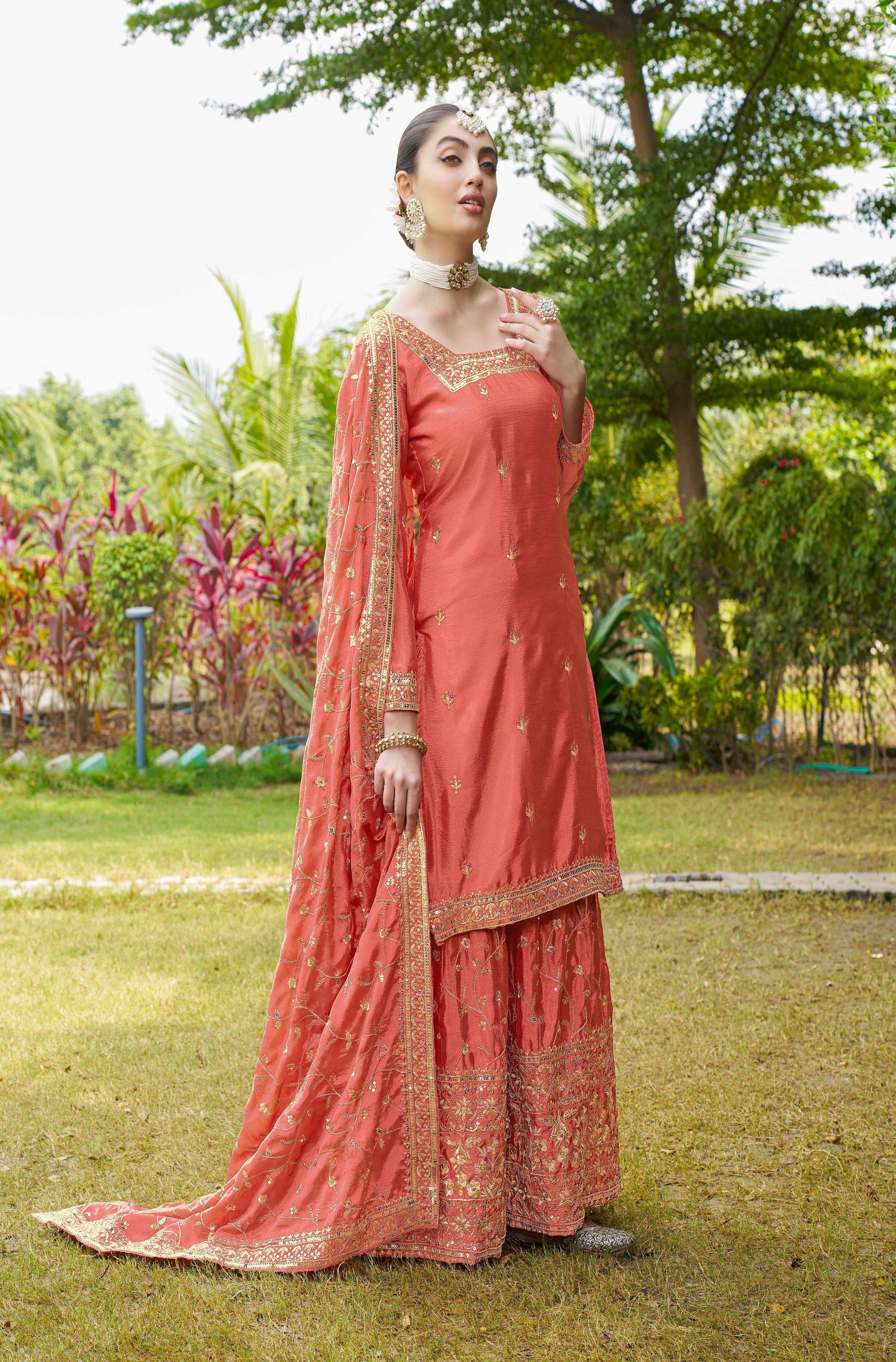Teeya Creation Orange Color Chinon Silk Heavy Embroidery Work Fully Stitched Salwar Suit