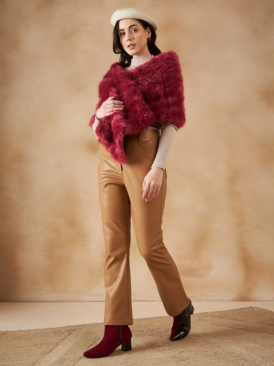 InWeave Women's Bright Rust Fur Cape 