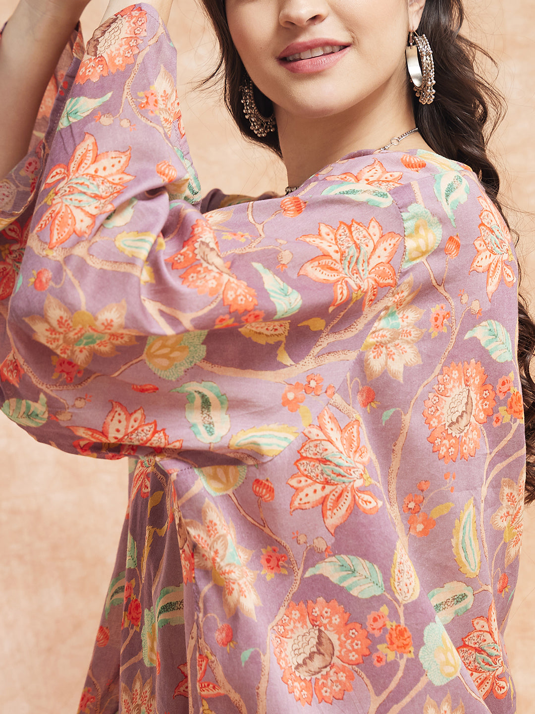 InWeave Women's Dove Grey Floral Digital Print Kaftan Boho Top 
