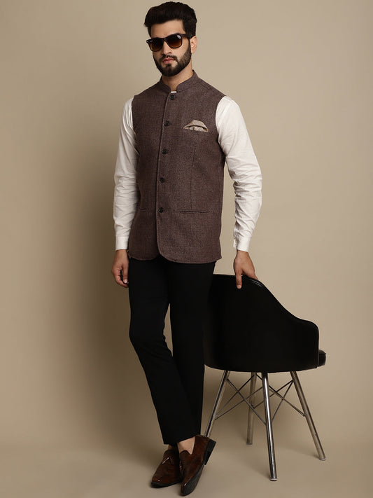 Even Apparels Men's Brown Mandarin Collar Waistcoat - Grab2buy