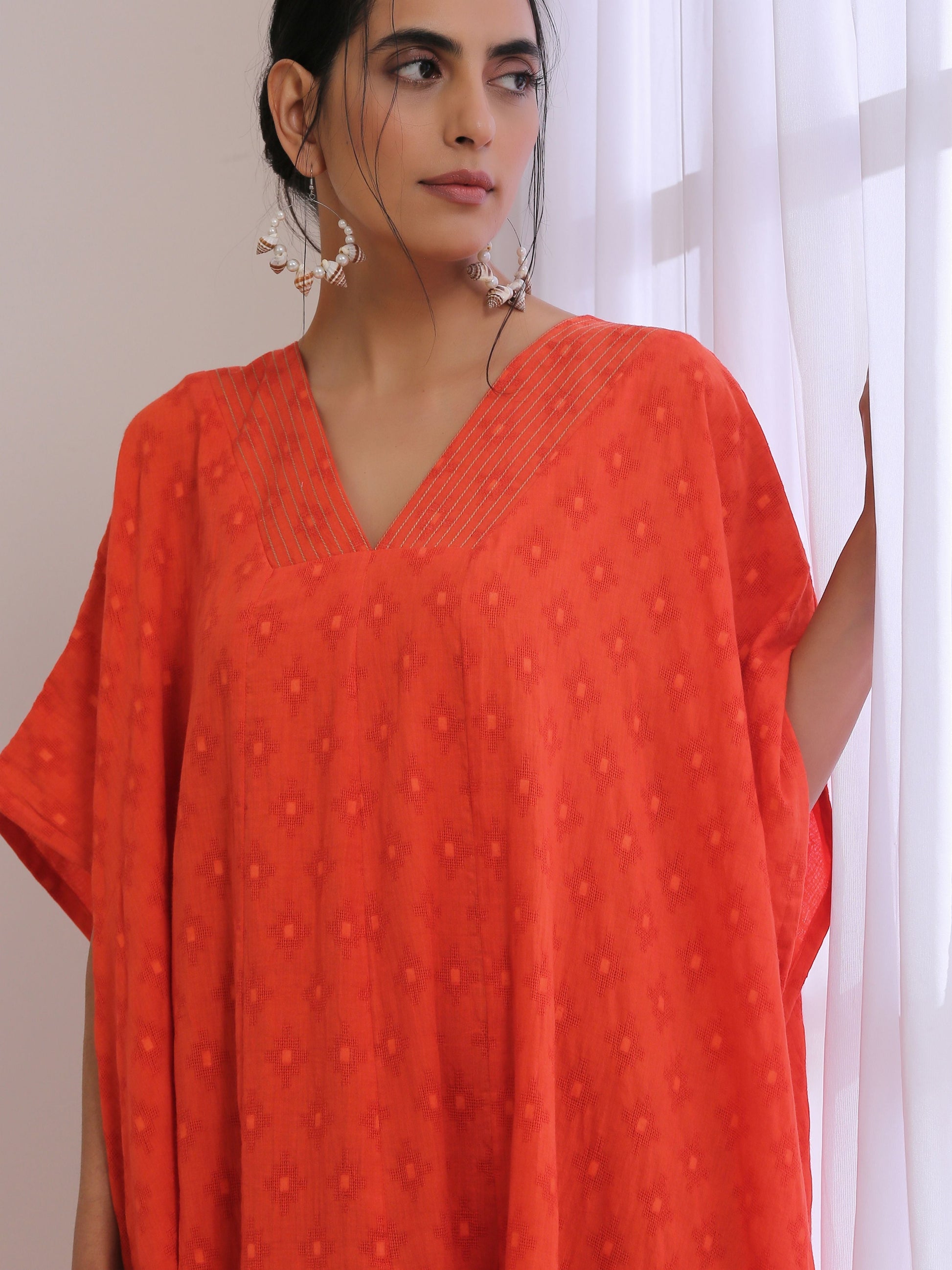 trueBrowns Orange Dobby Panel Kaftan Dress 