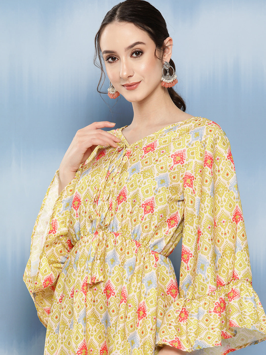 InWeave Women's Yellow Orange Ikkat Print Short Dress 