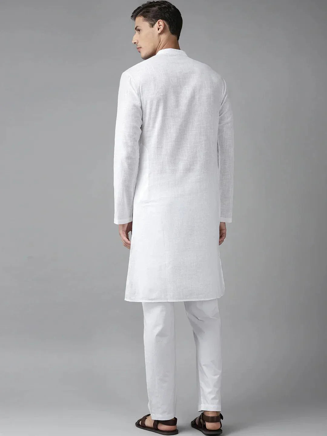 Fabmade Men White Cotton Linen Kurta Pyjama