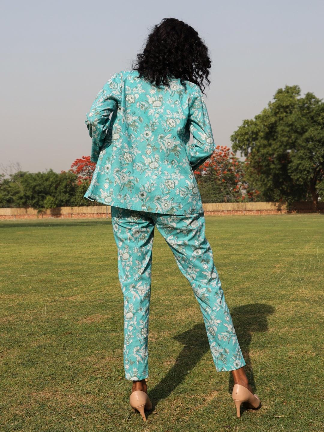 trueBrowns Turquoise Cotton Block Print Pant Suit Set 
