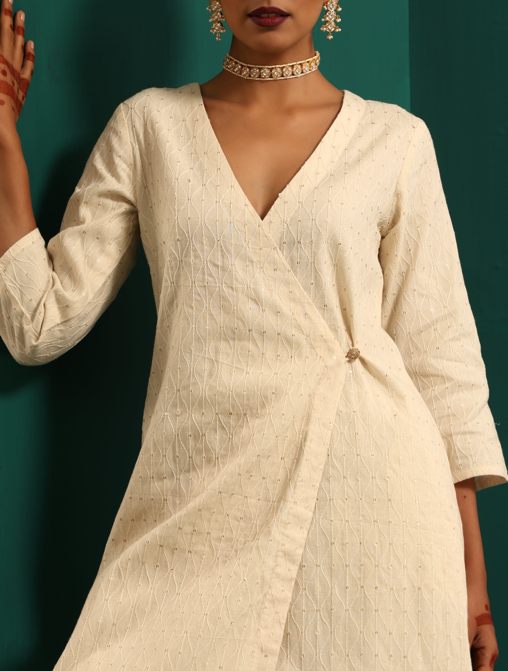 trueBrowns Ivory Tonal Cotton Angrakha Kurta Pant Set 