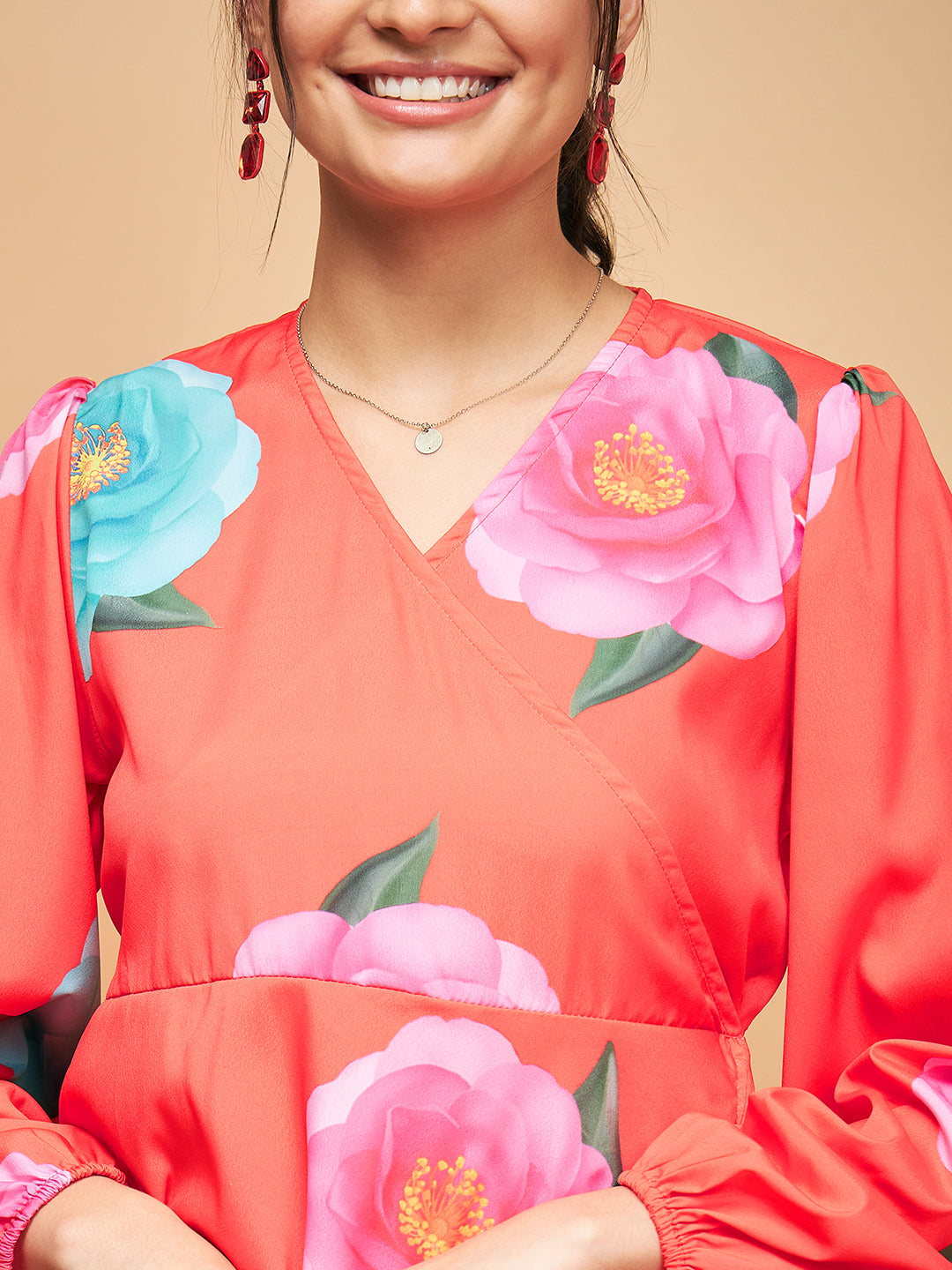 InWeave Women's Dark Orange Pink Blue Flower Belted Dress 