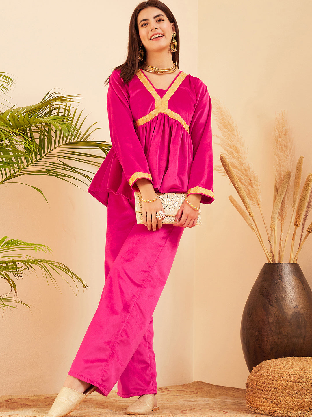 InWeave Women's Magenta Mughal Shaan Style Velvet Short Kurta Set 