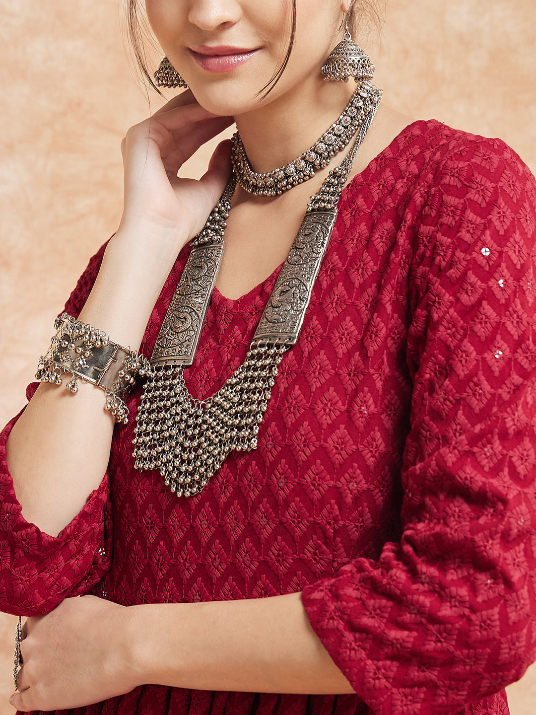 InWeave Women's Maroon Chikankari Long Anarkali Kurta Sharara Set 