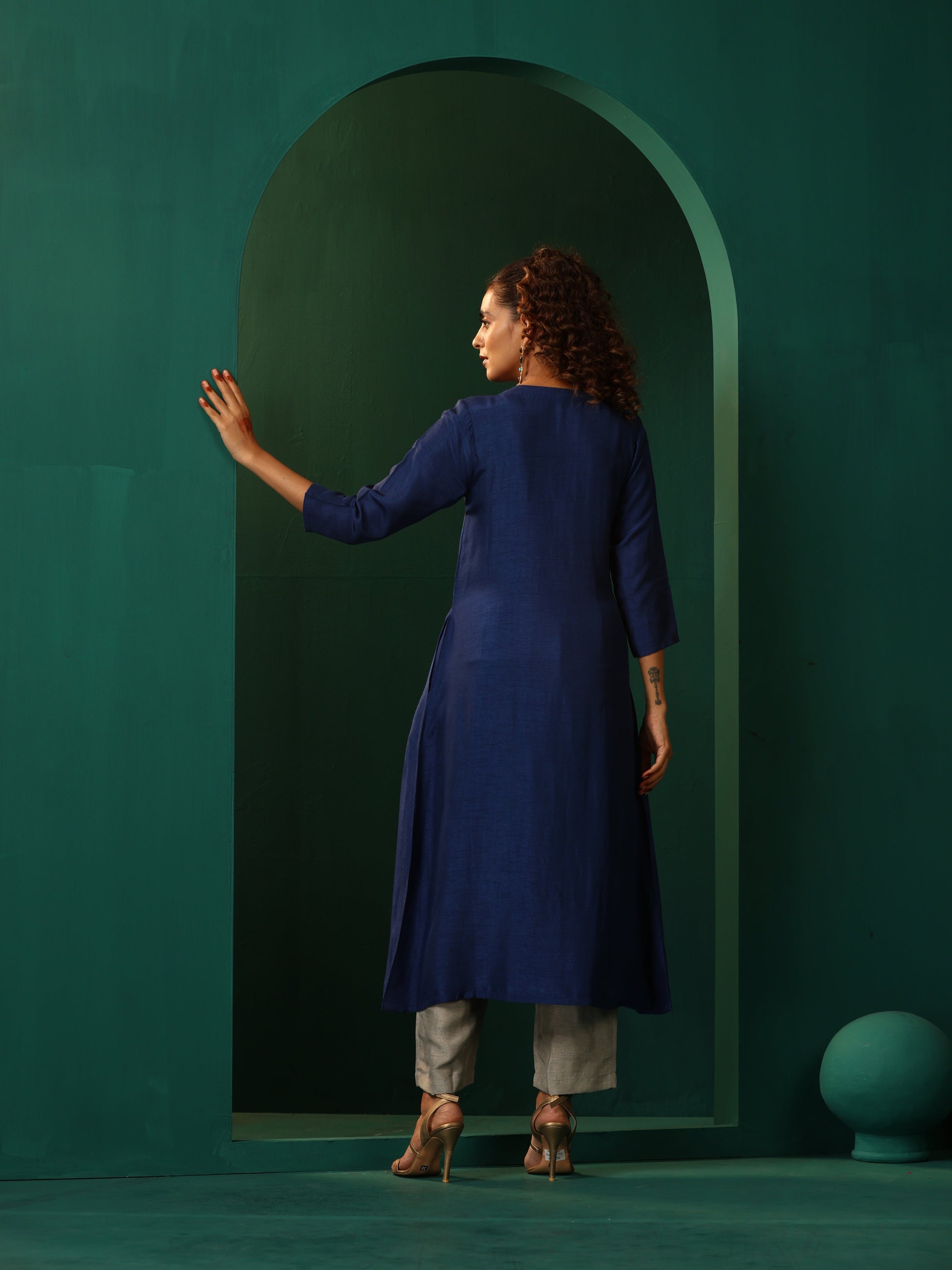 trueBrowns Blue Silk Angrakha Kurta Pant Set 