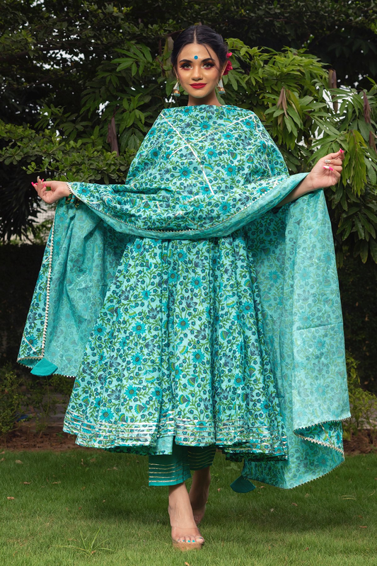 Pomcha Jaipur Morni Hand Block Cotton Anarkali Set 