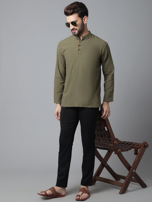 Indian Clothing Even Apparels Green Pure Cotton Kurta With Band Collar 