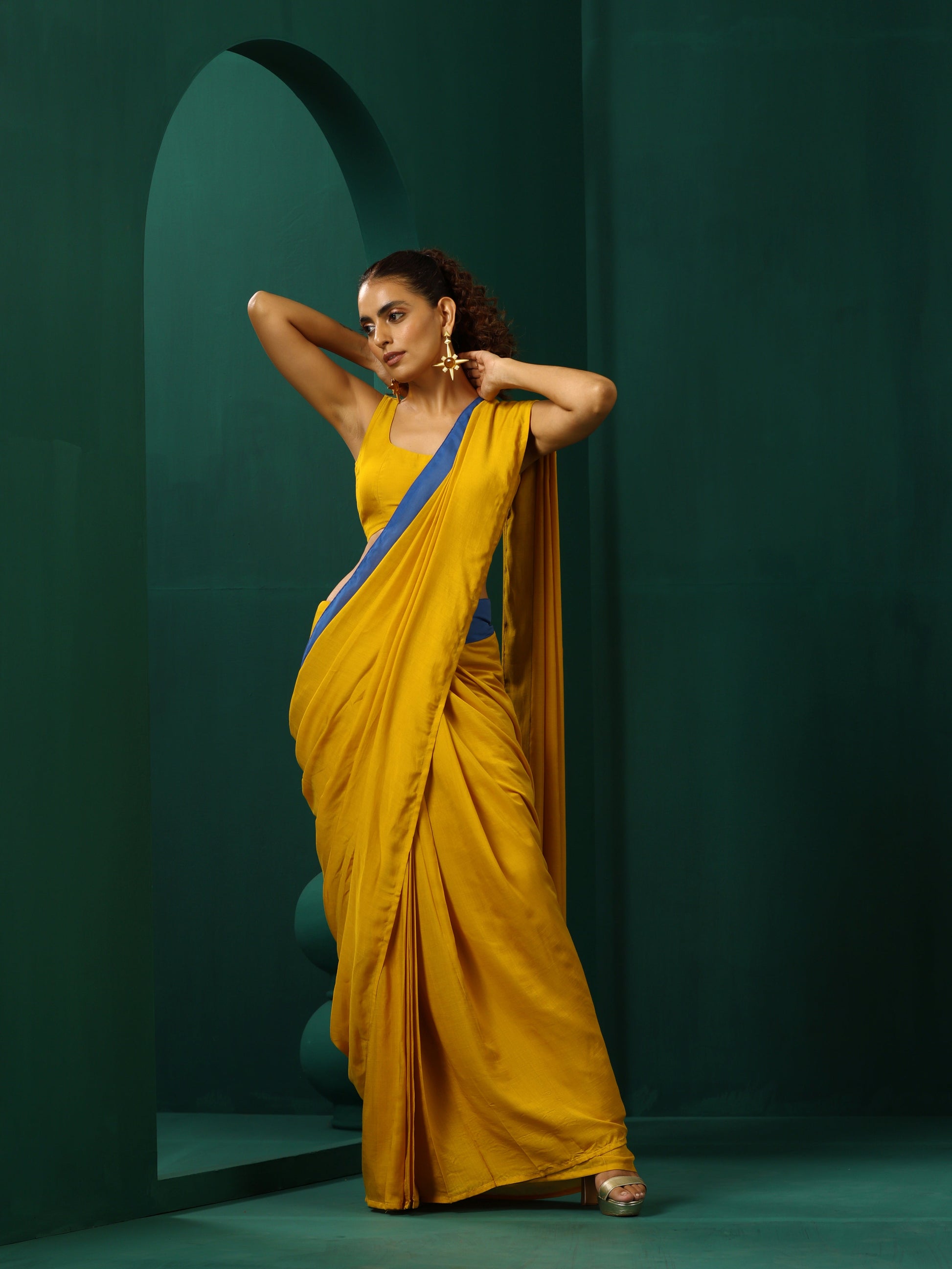 trueBrowns Mustard Muslin Silk Scoop Neck Sleeveless Blouse | Swadesiicart