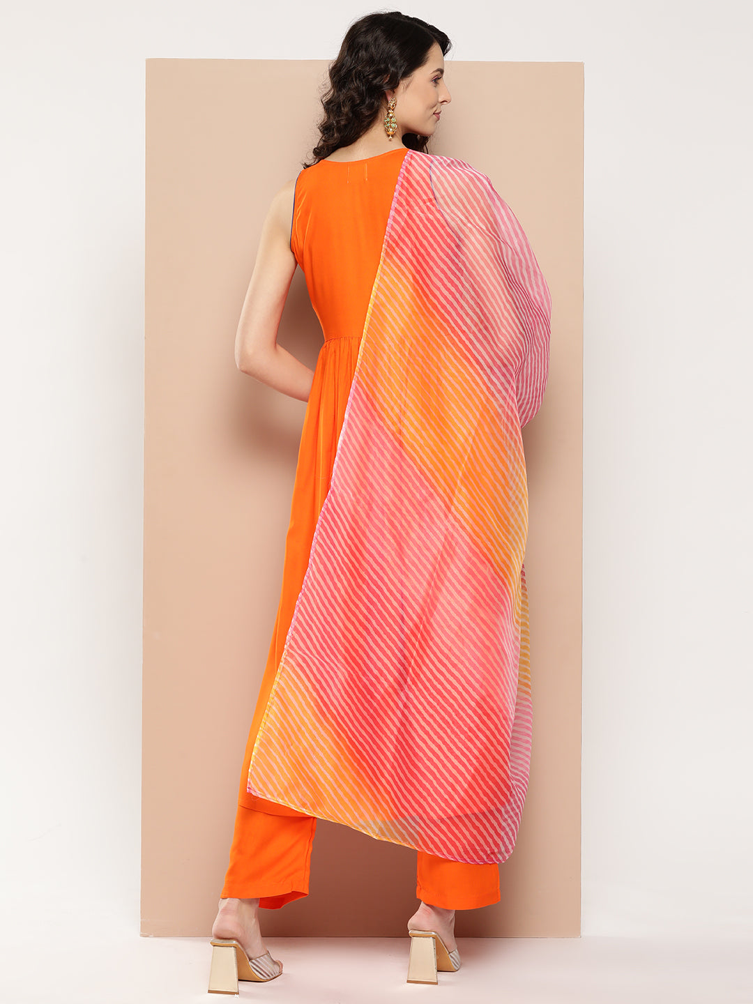 InWeave Women's Orange Mirror Work Aline Strappy Kurta Set W Pink Yellow Leh Dupatta 