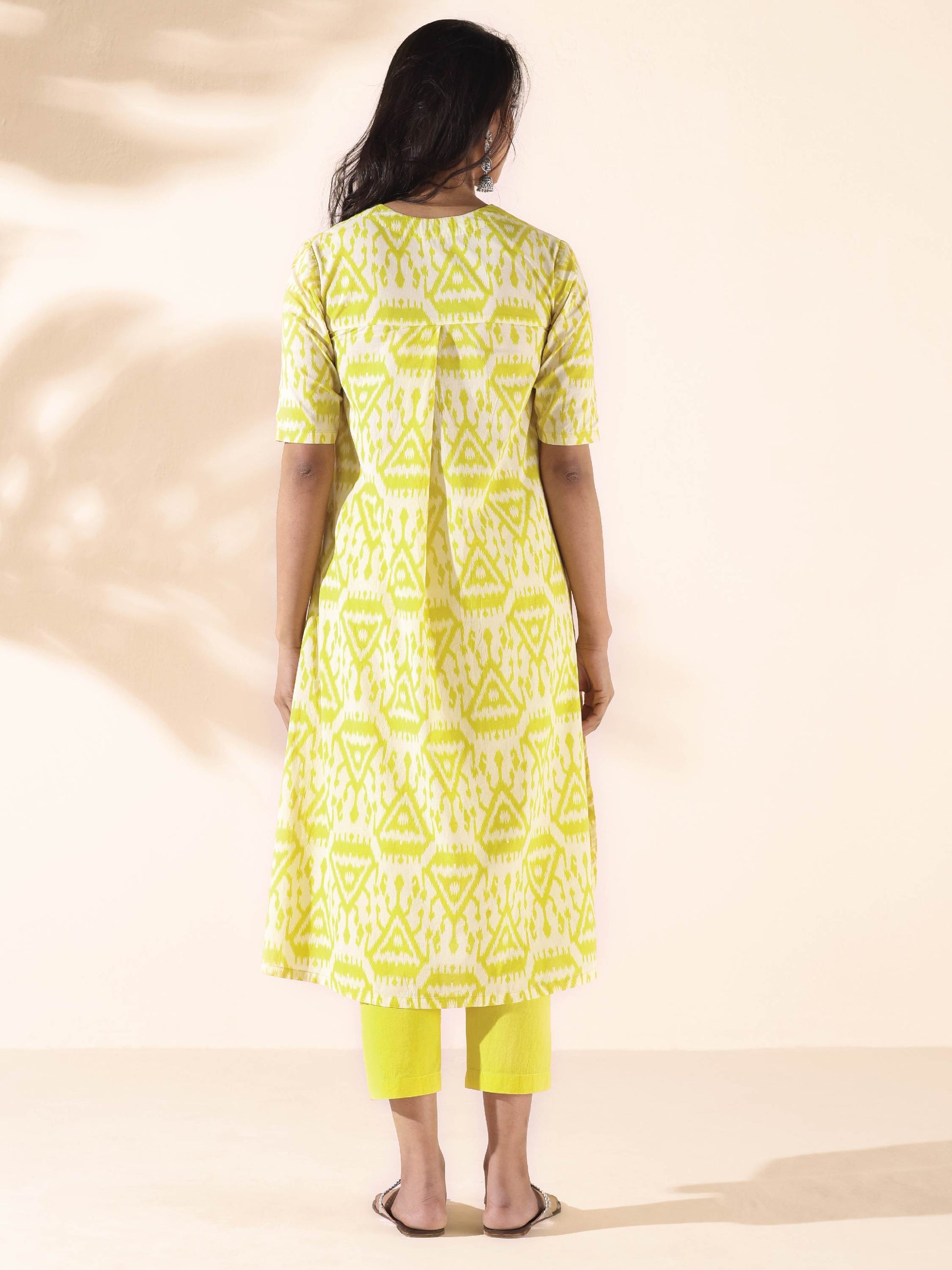 trueBrowns Lime Cotton Ikat Kurta Pant Set 