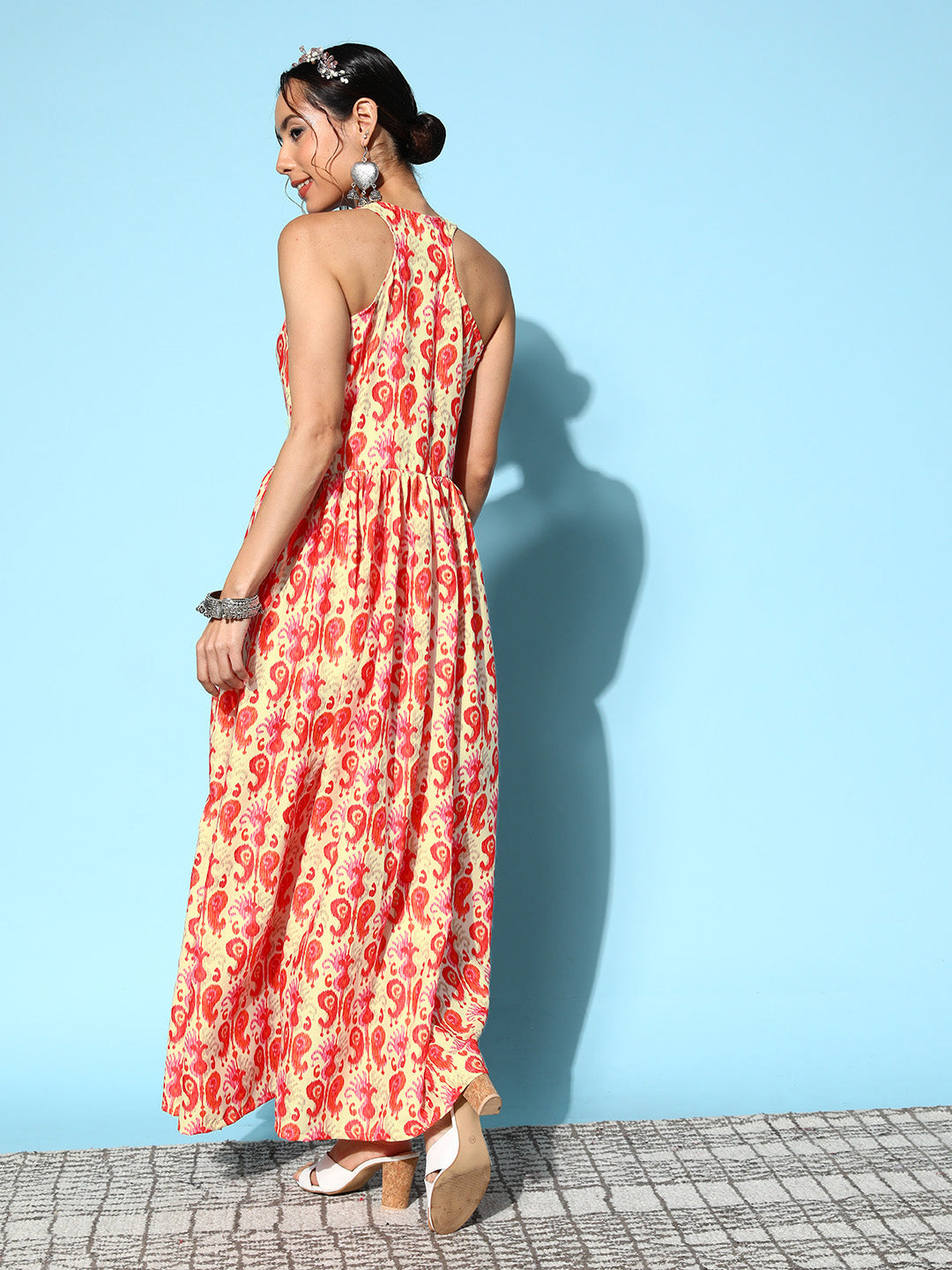 InWeave Women's Orange Paisley Print Raisa Back Detail Dress 