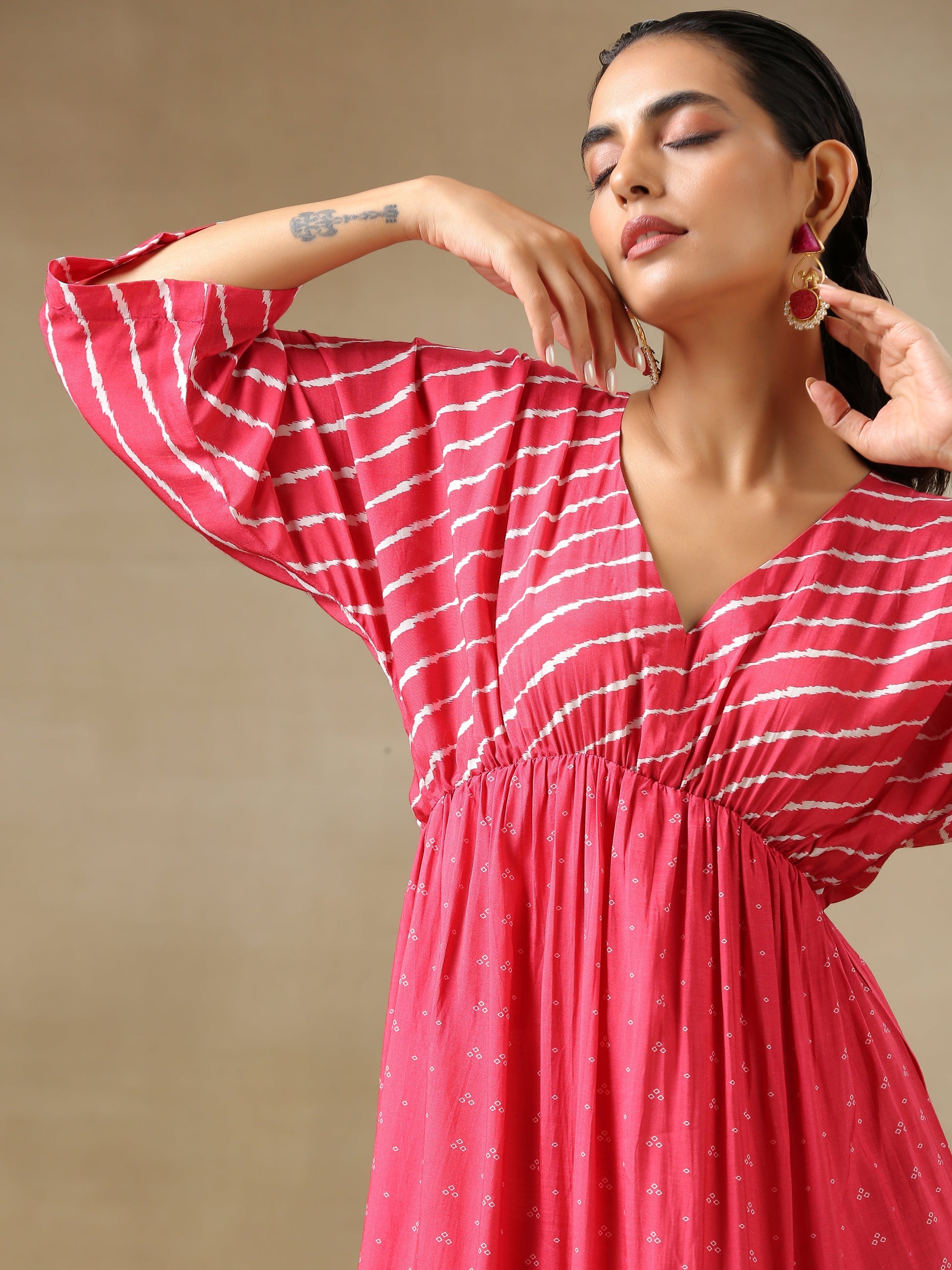 trueBrowns Pink Bandhani Printed Silk Drop Shoulder Dress 