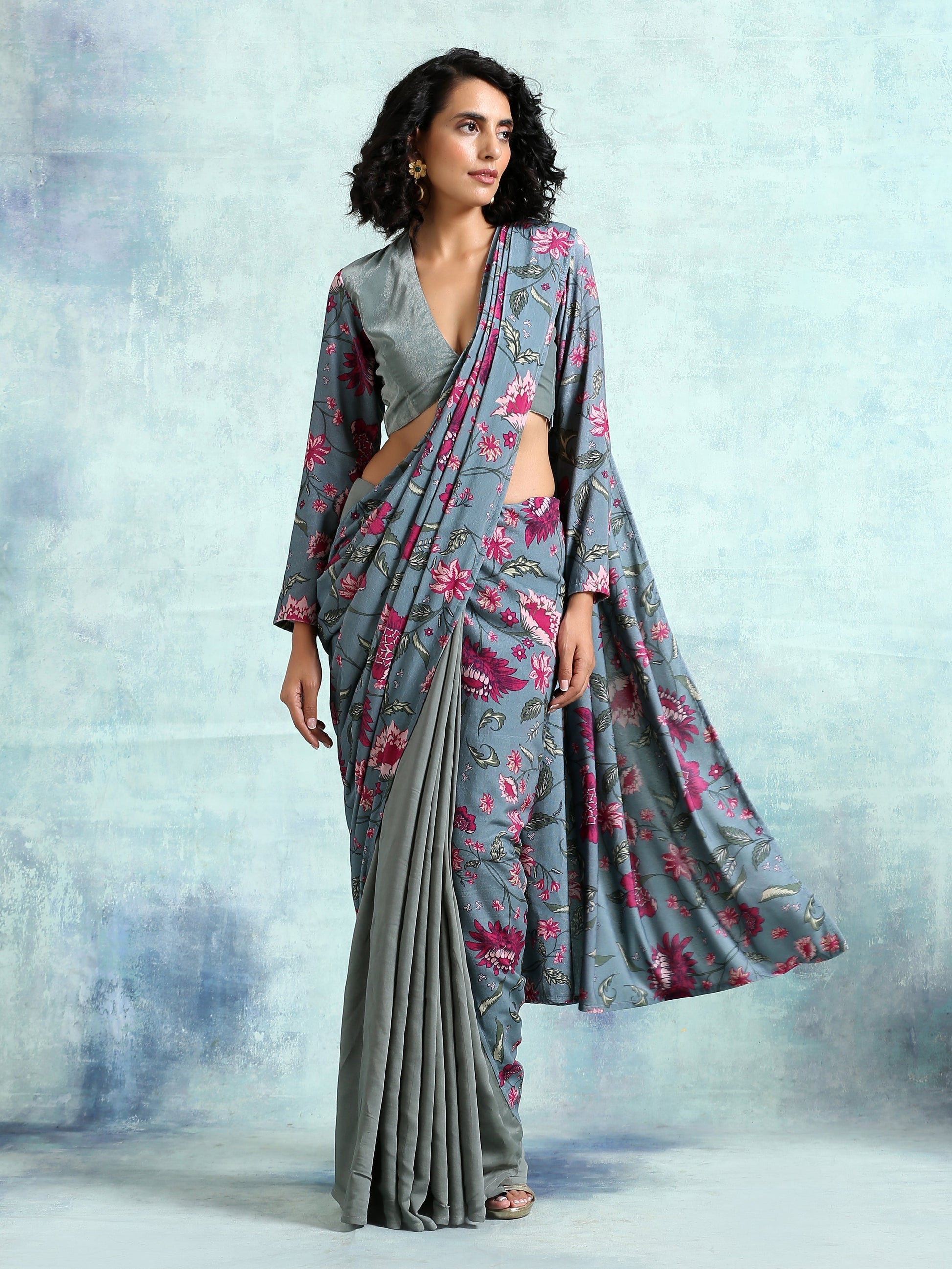trueBrowns Grey Printed Sleeve Velvet Blouse | Swadesiicart
