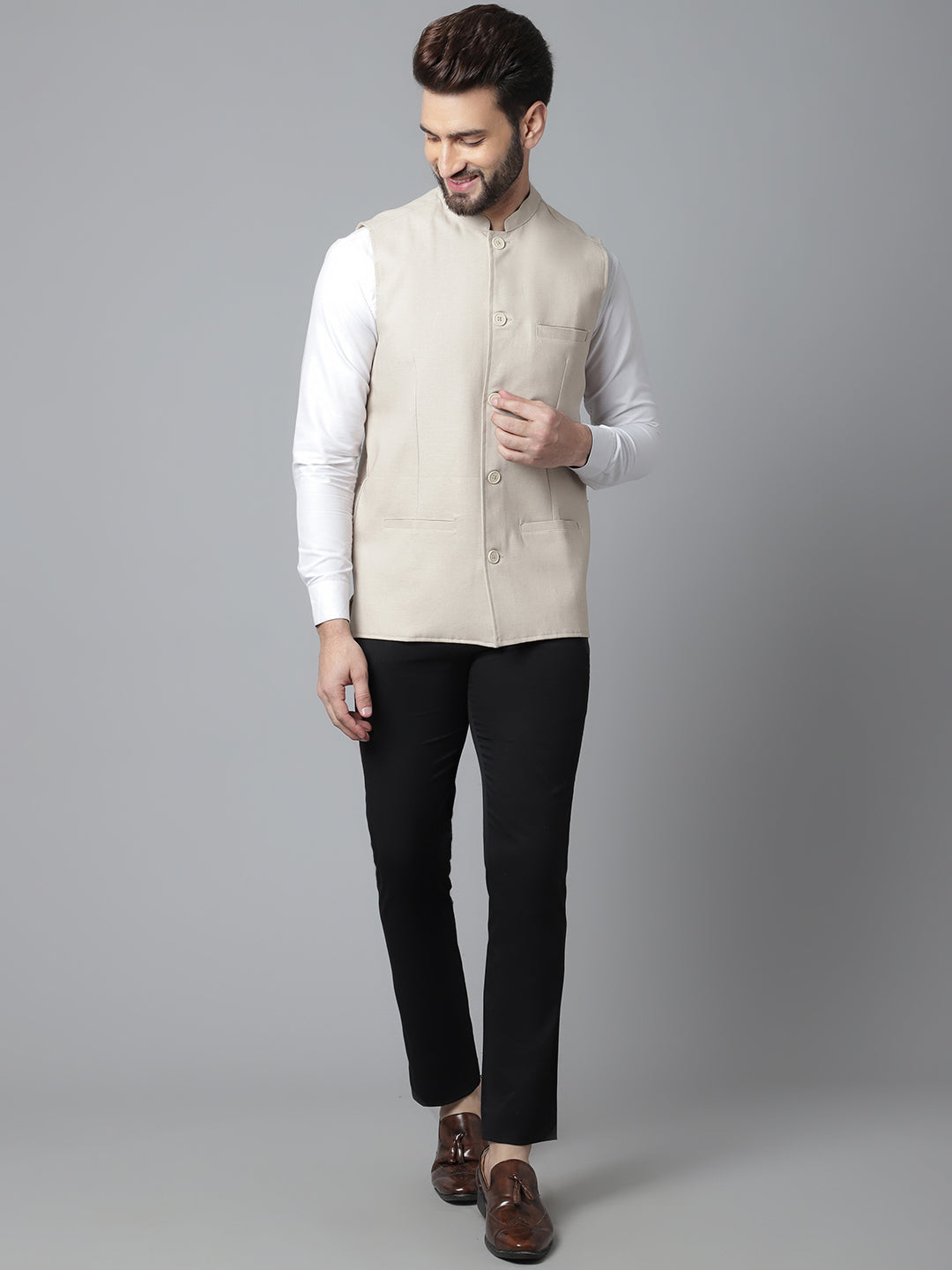 Even Apparels Men's Cream Nehru Jacket With Welt Pockets 