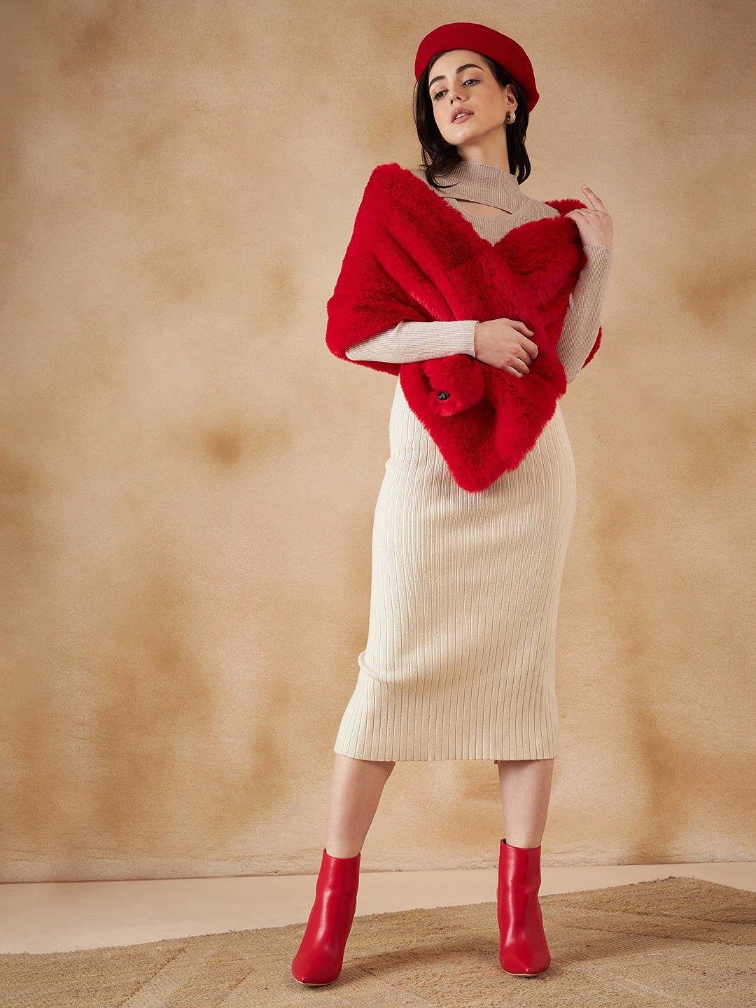 InWeave Women's Cherry Red Long Faux Fur Cape 
