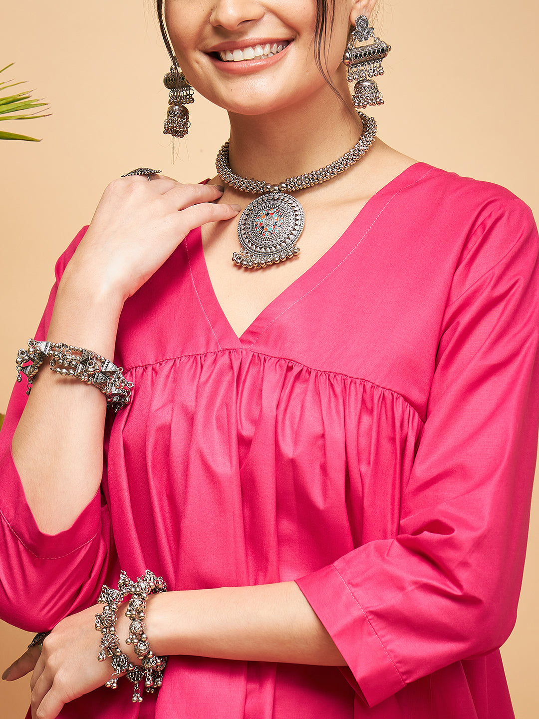 InWeave Women's Fuchsia Flared Kurta Palazzo Set 