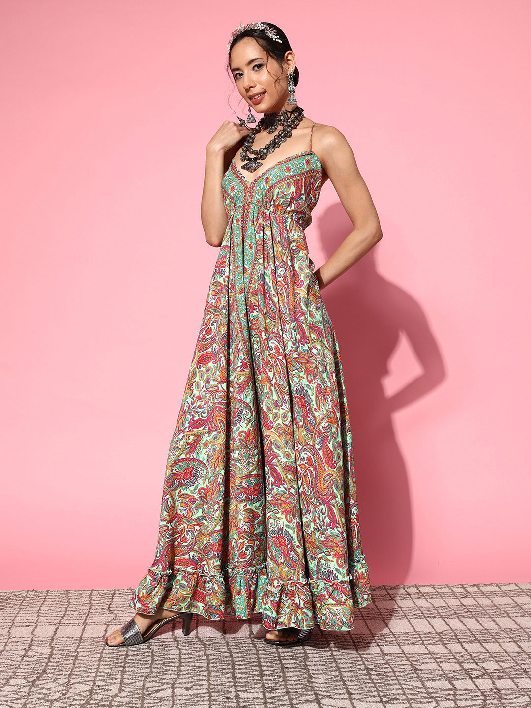 InWeave Women's Green Paisley Print Back Detail Long Dress 