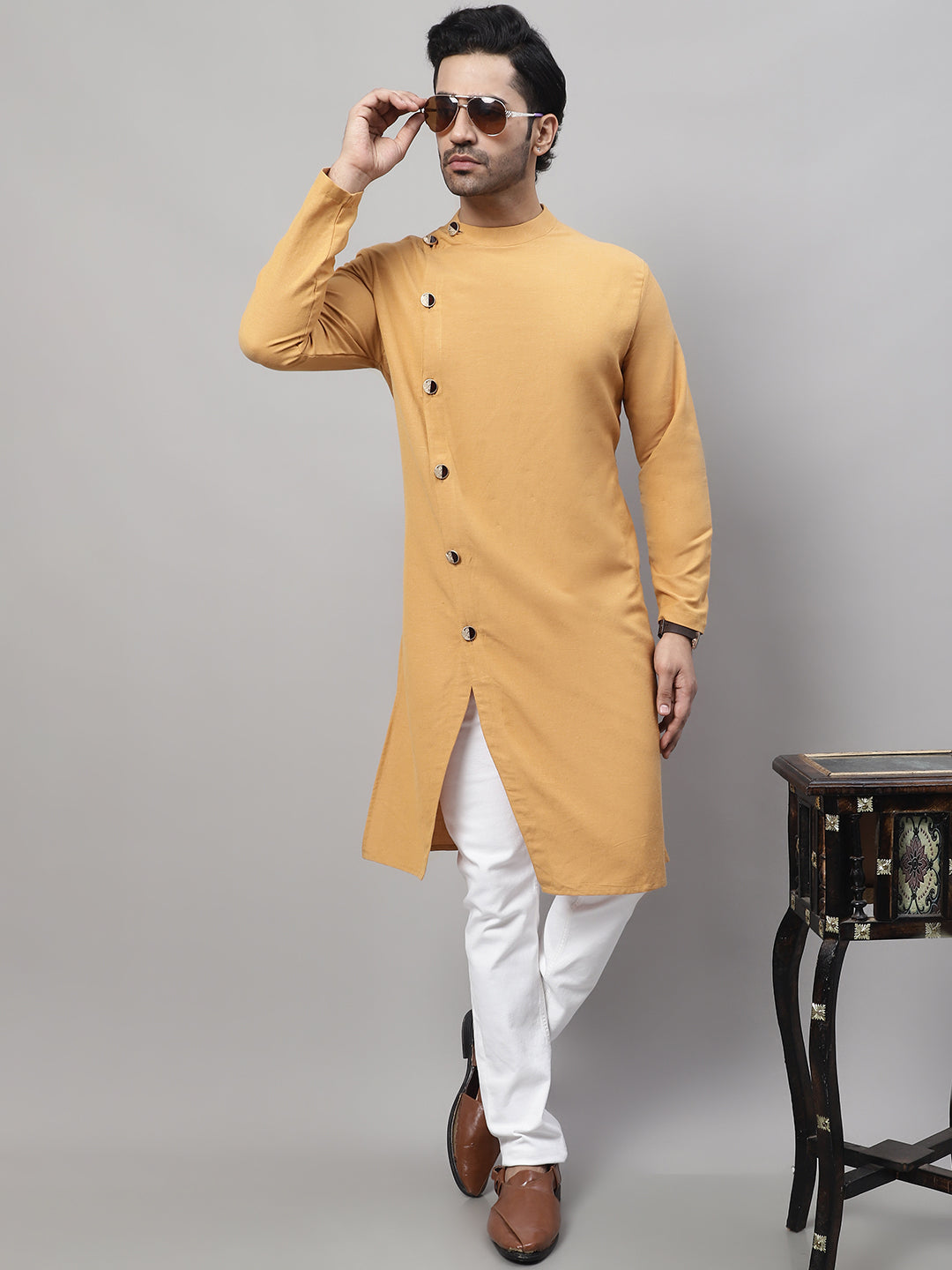 Even Apparels Mustard Sherwani Kurta With Asymetrical Cut 