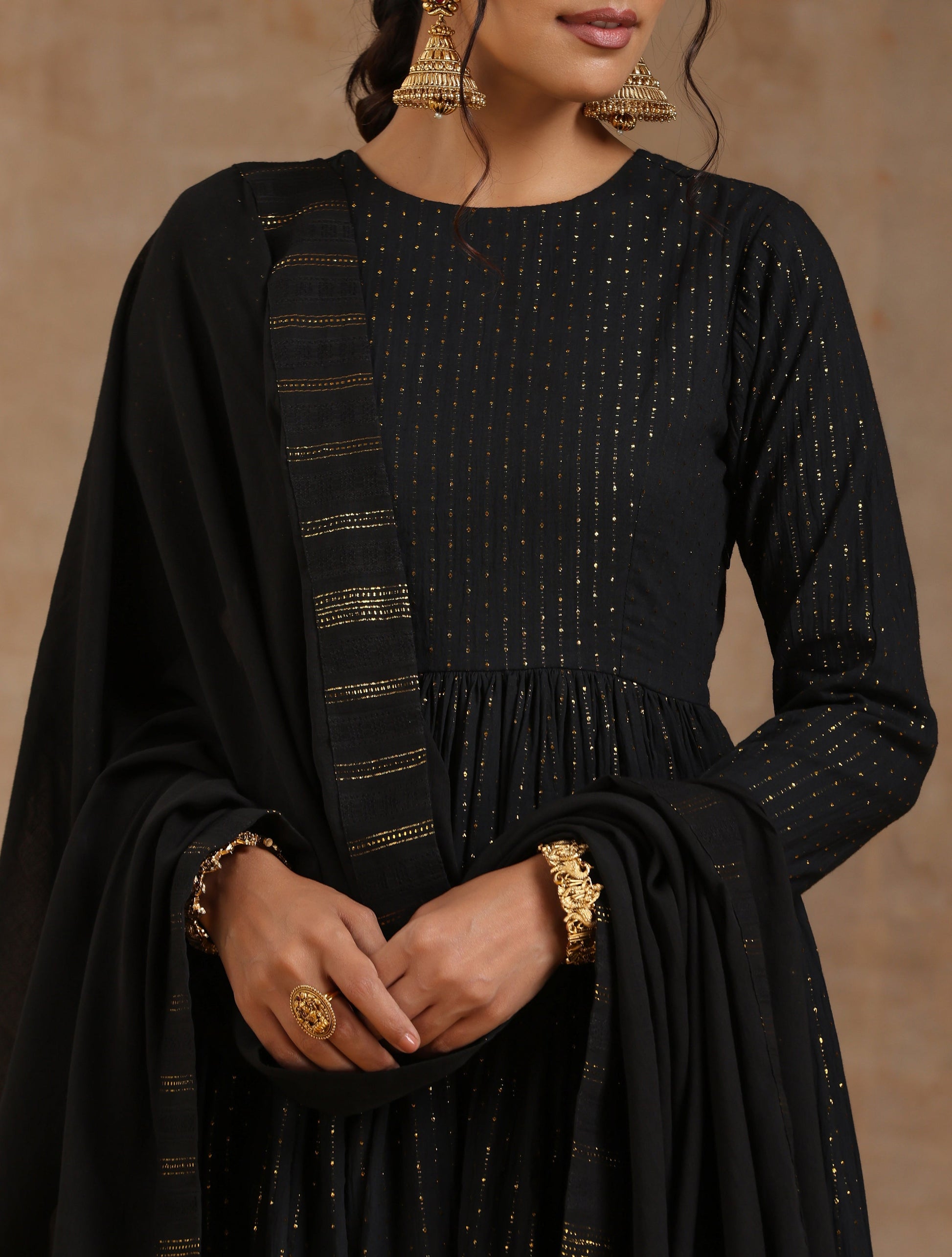 trueBrowns Black Gold Cotton Anarkali Set 