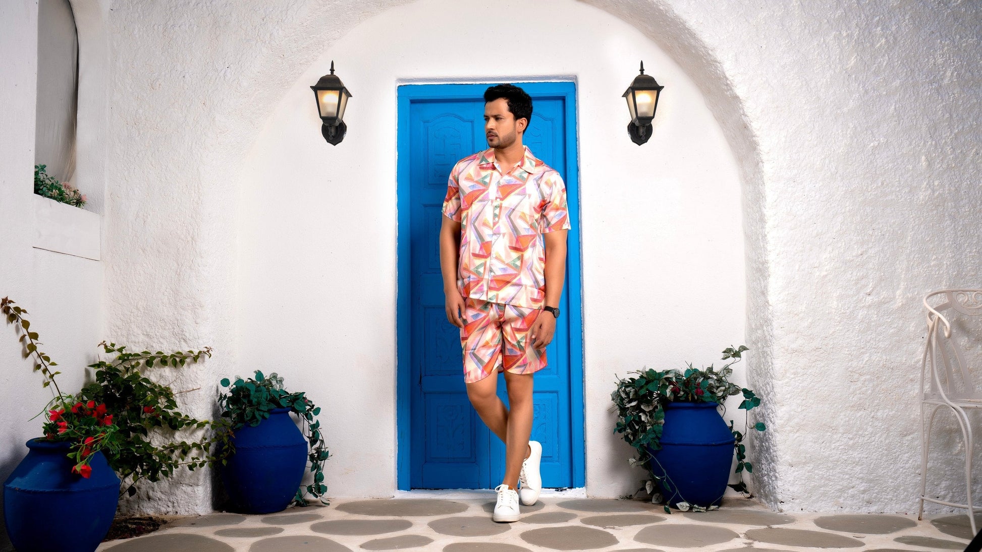 Noroke Sustainable fabric | Linen Satin Linen Geometric Co-ord Set Men 
