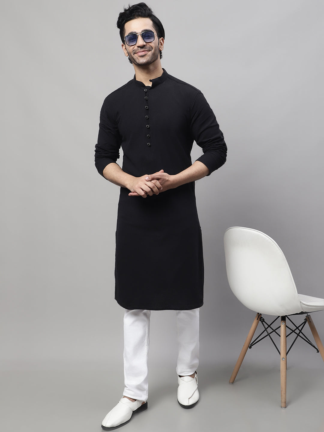 Even Apparels Black Pure Cotton Kurta With Band Collar 