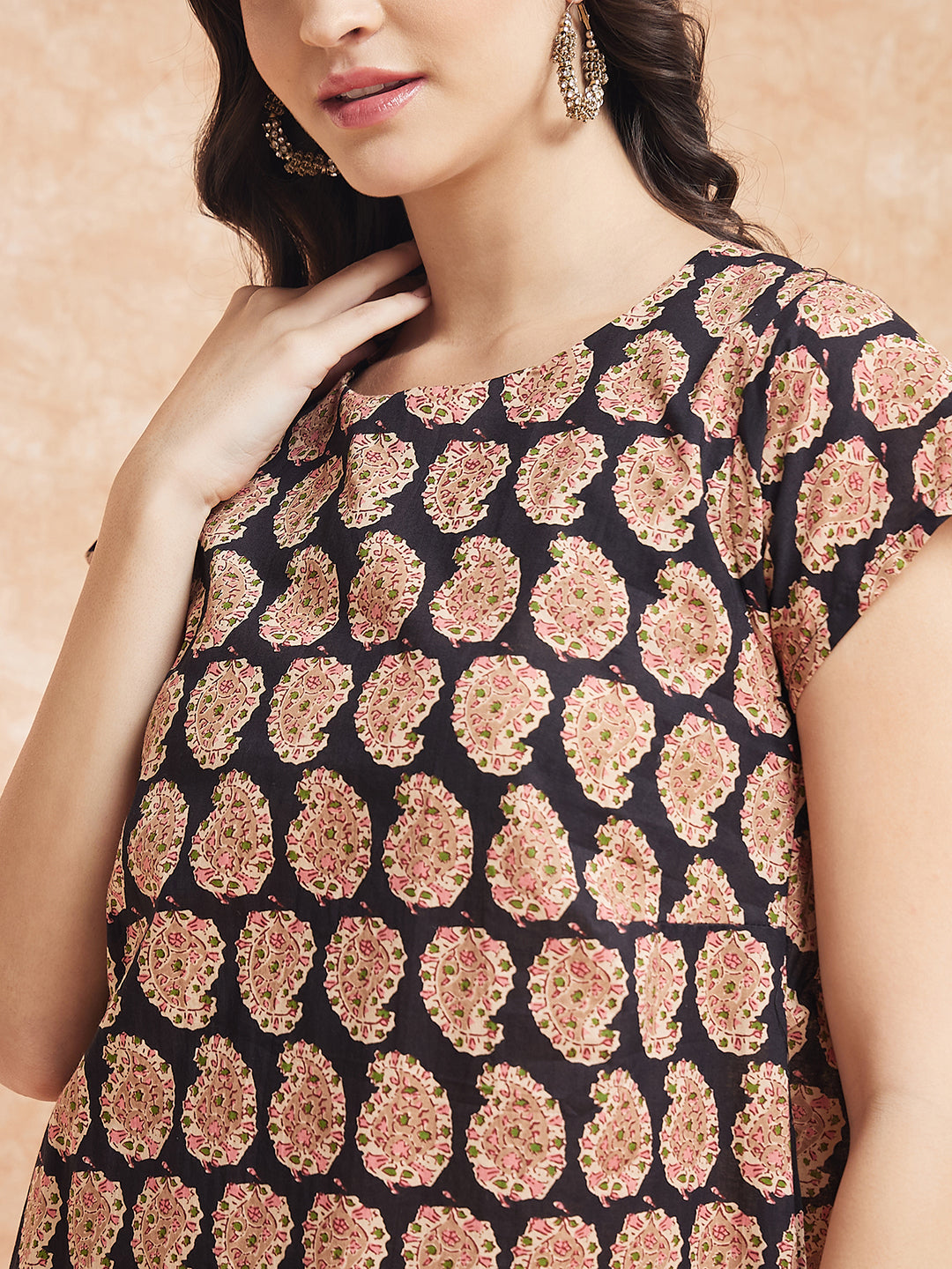 InWeave Women's Black Small Paisley Kalamkari A Line Dress 