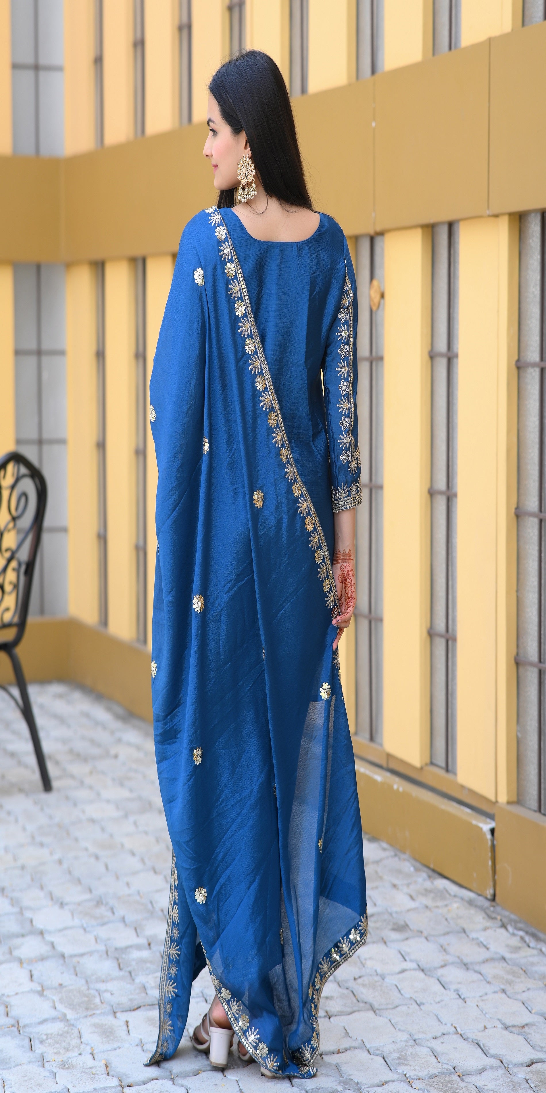 Teeya Creation Blue Color Chinon Silk Heavy Embroidery Work Fully Stitched Salwar Suit