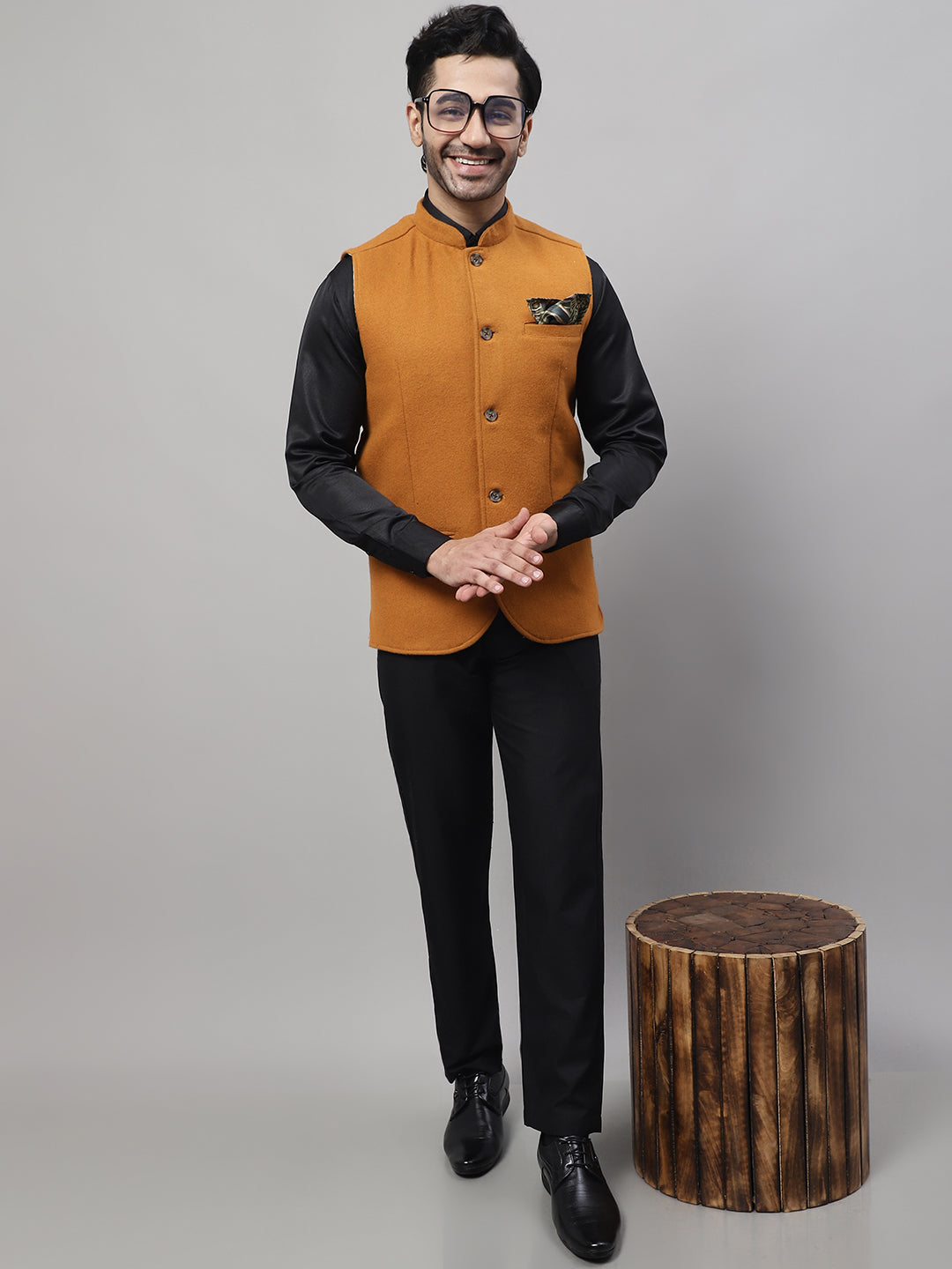 Even Apparels Men's Orange Pure Wool Nehru Jacket 