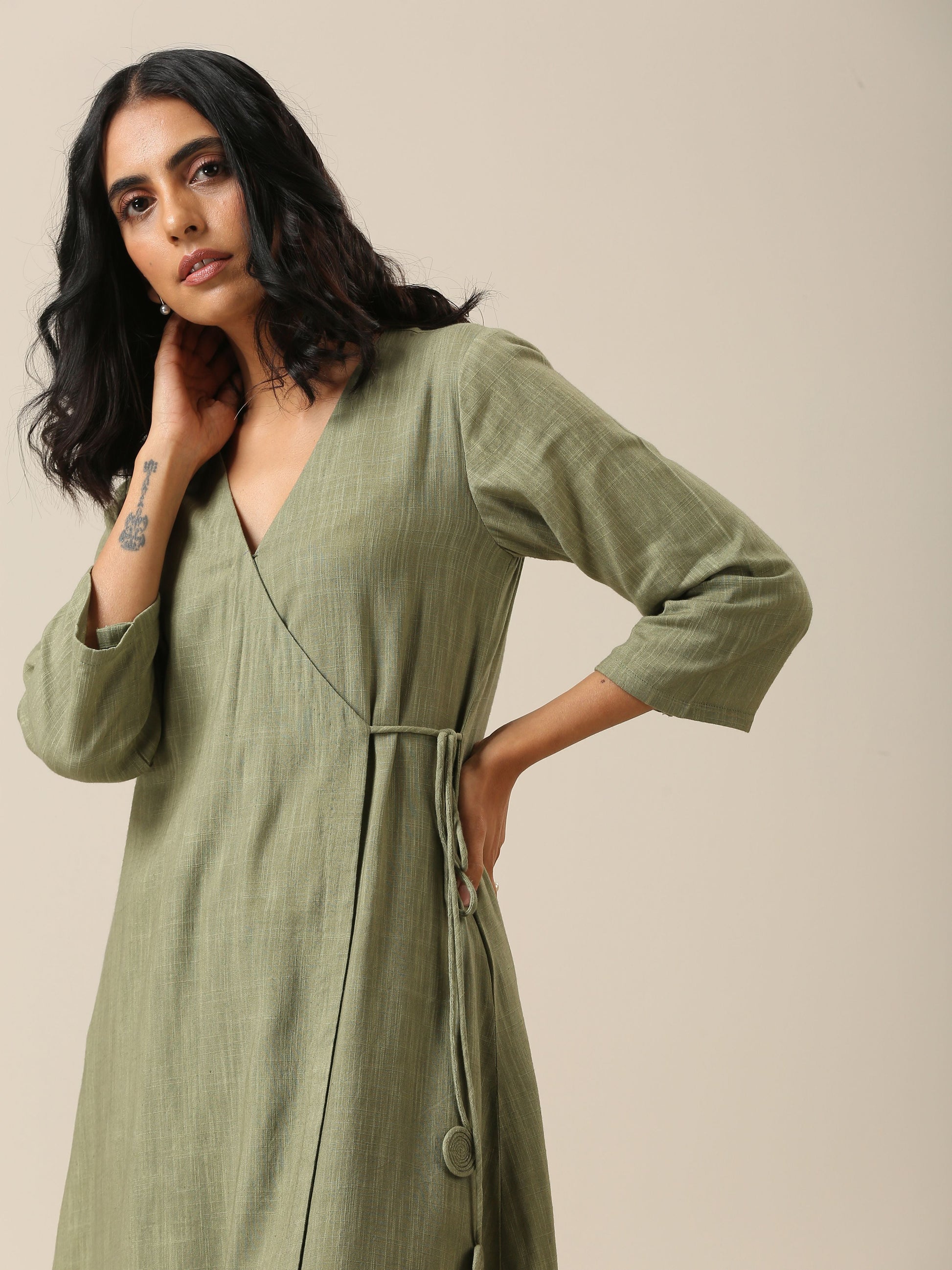 trueBrowns Sage Slub Texture Angrakha Pant Set 