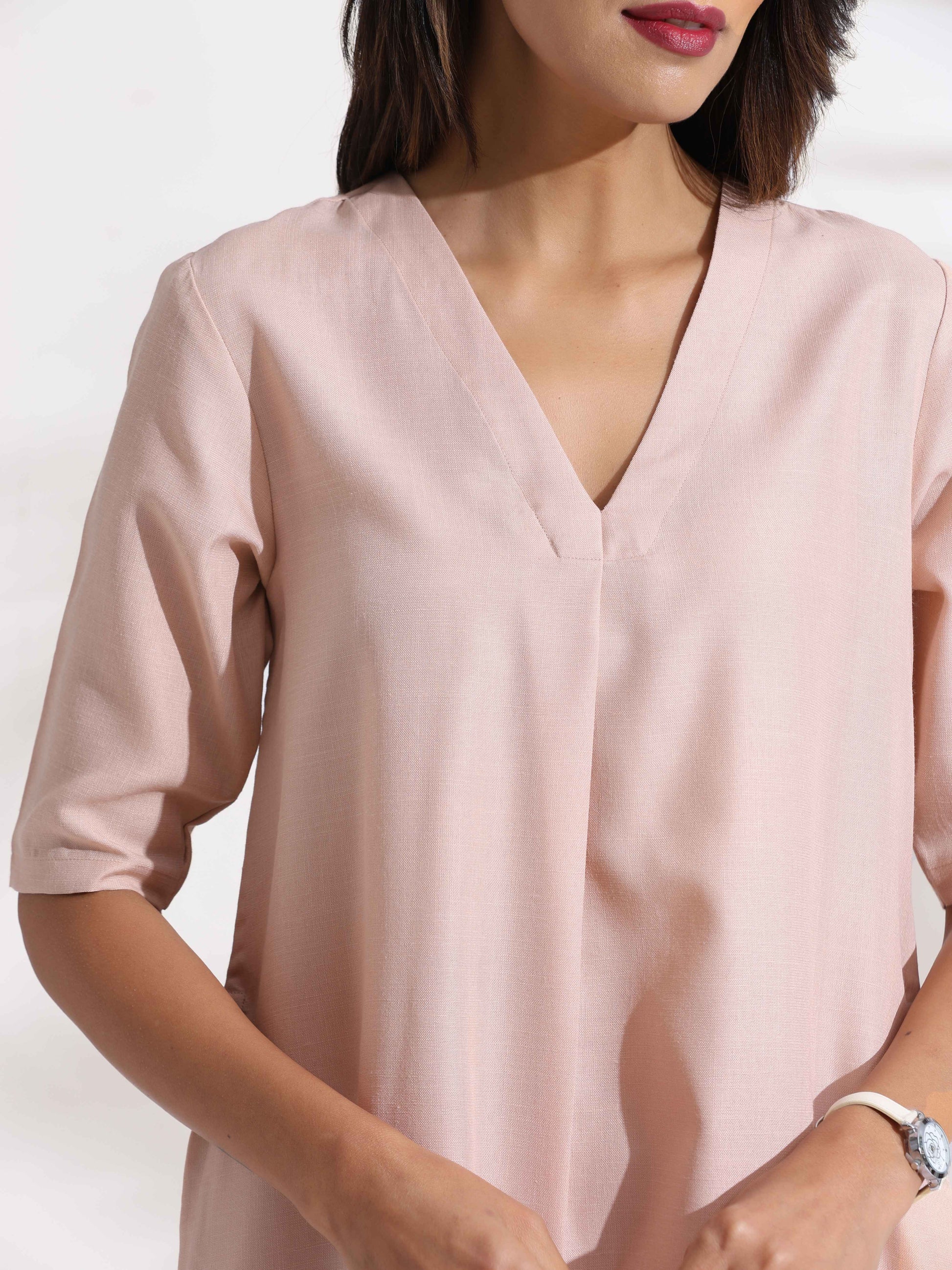trueBrowns Light Pink Slub Kurta Set 