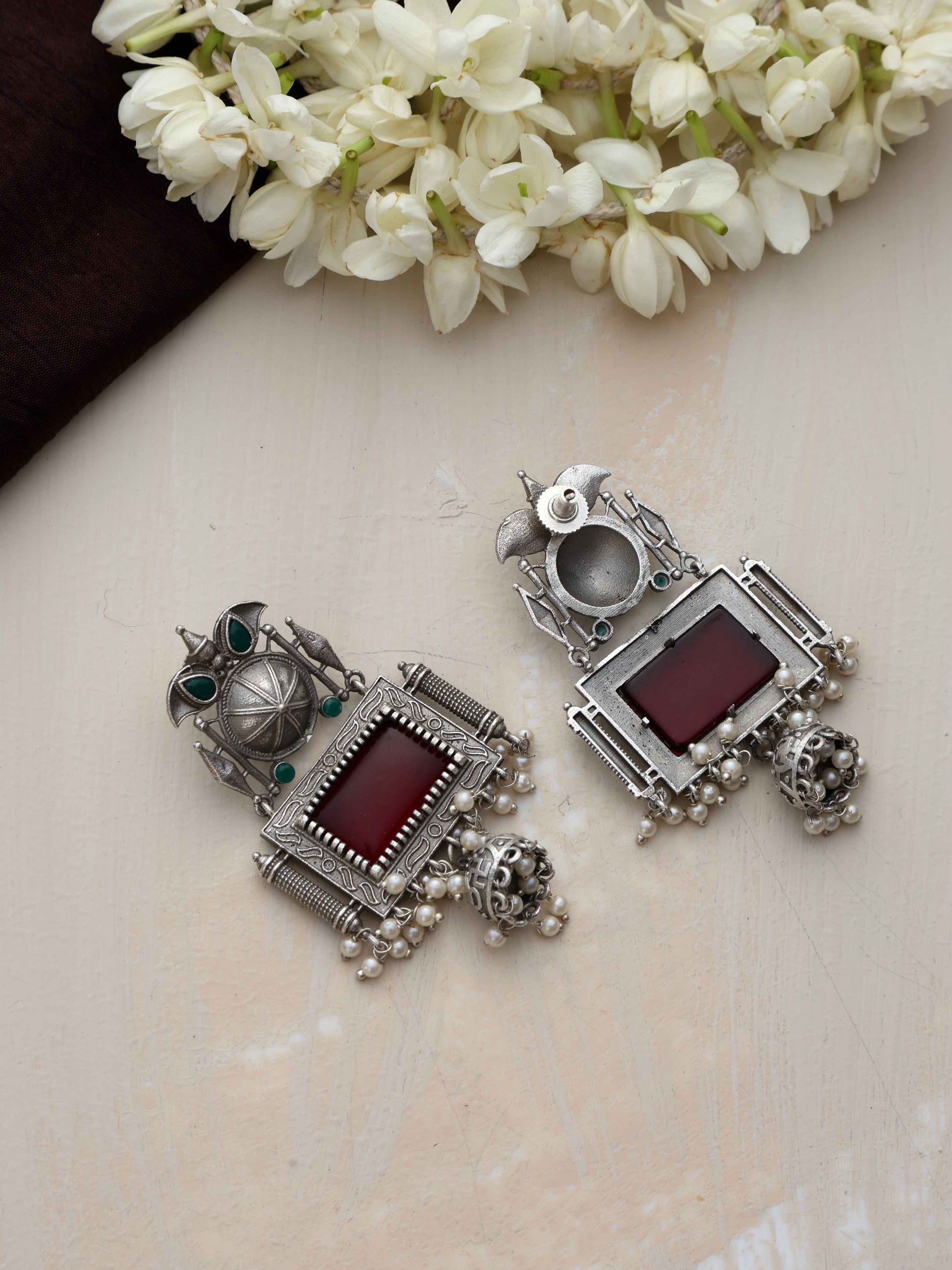 trueBrowns Silver Tone Red Stone Dangle Earrings Truebrowns Lifestyle