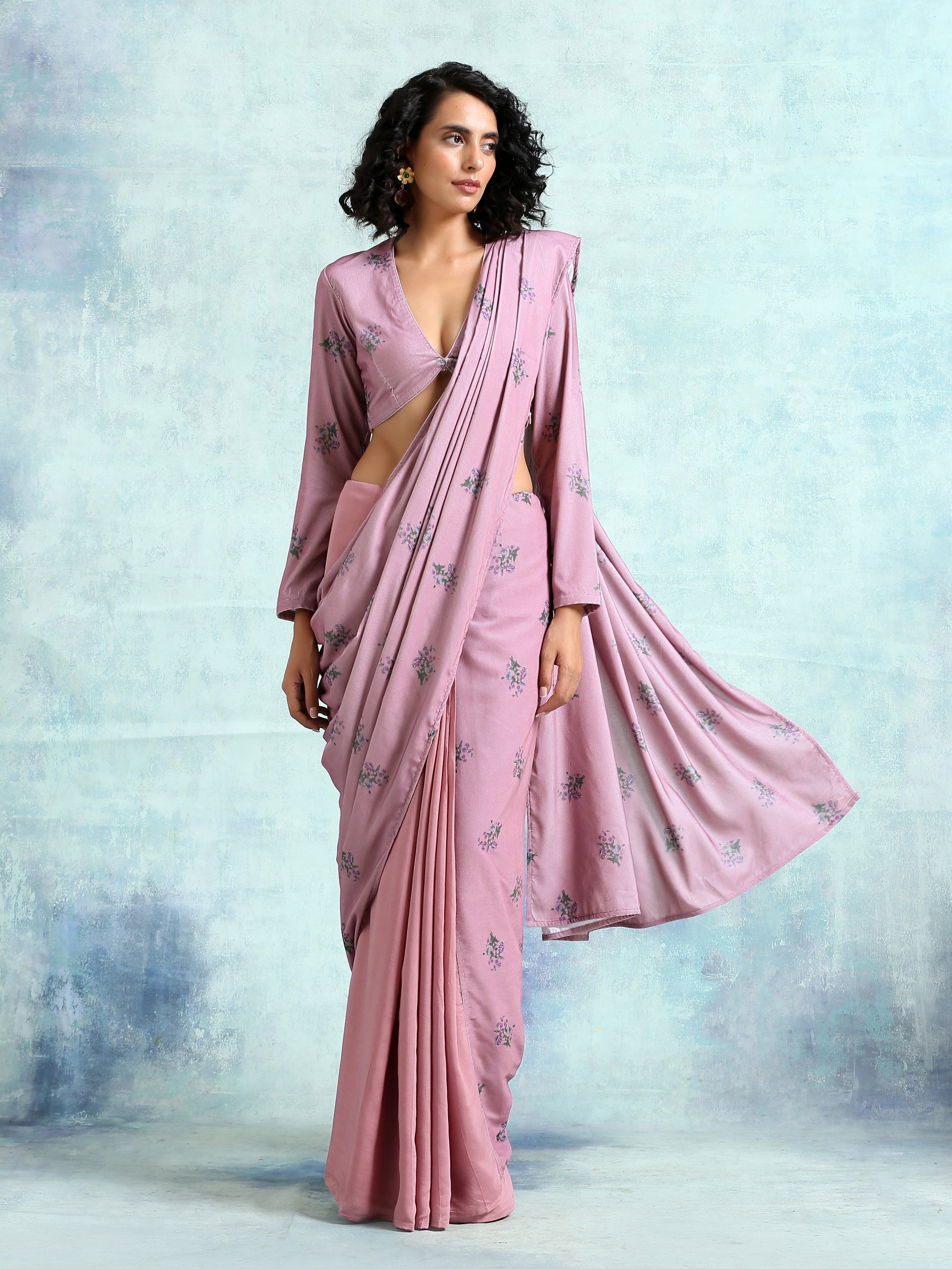 trueBrowns Light Mauve Printed Velvet Blouse | Swadesiicart