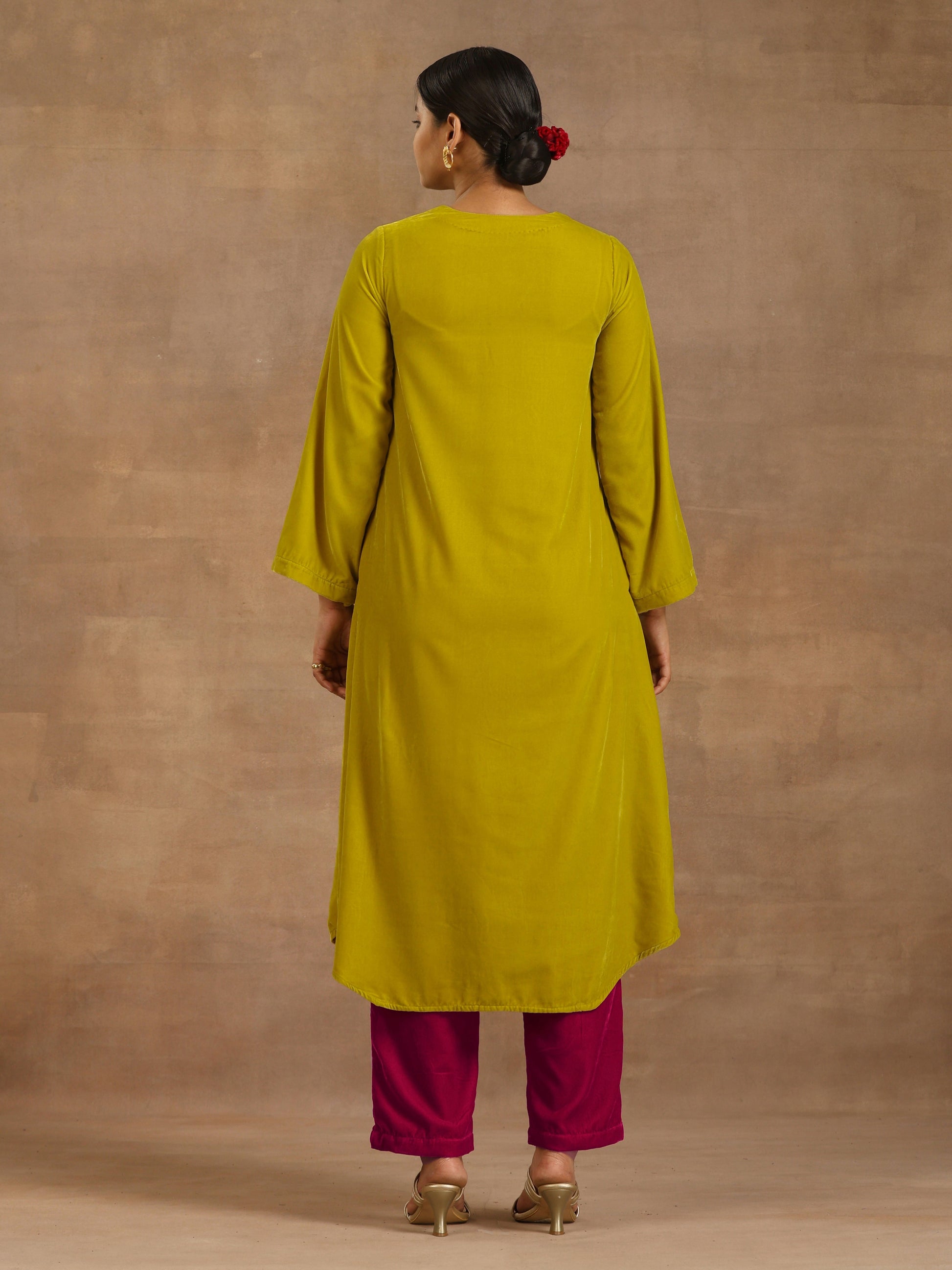 trueBrowns Lime Velvet Yoke Embroidered Kurta 